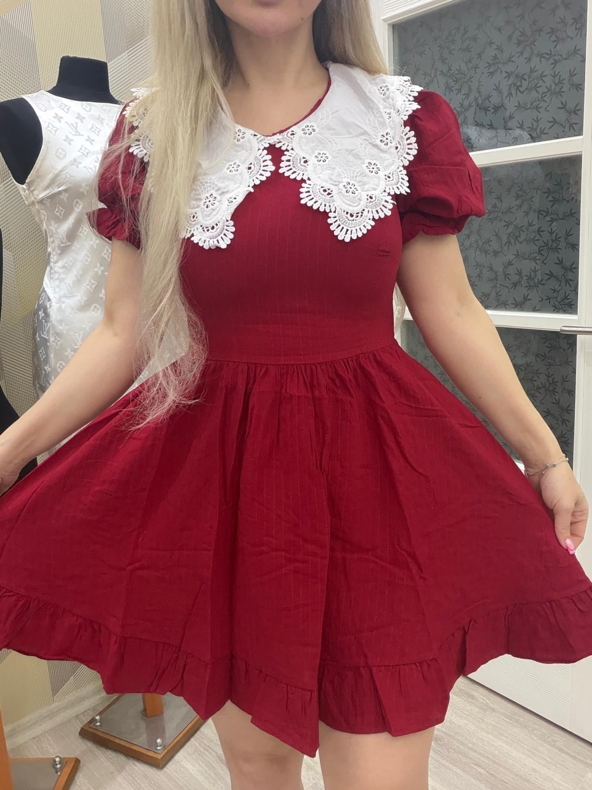 Bebe Yaka Keten Elbise Kırmızı