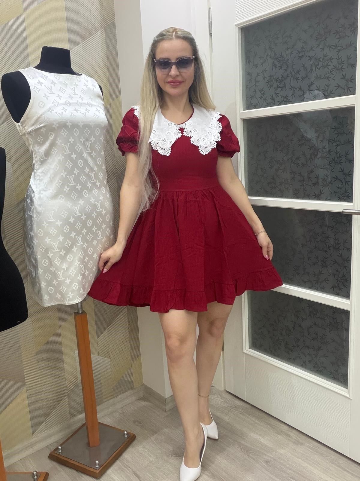 Bebe Yaka Keten Elbise Kırmızı