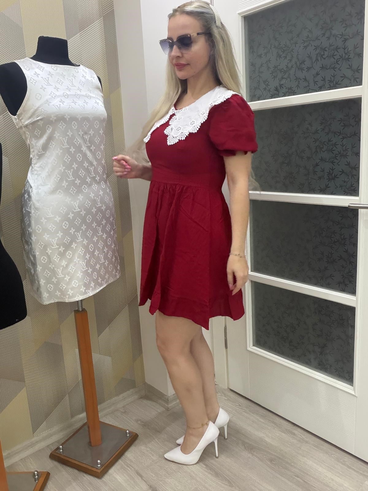 Bebe Yaka Keten Elbise Kırmızı