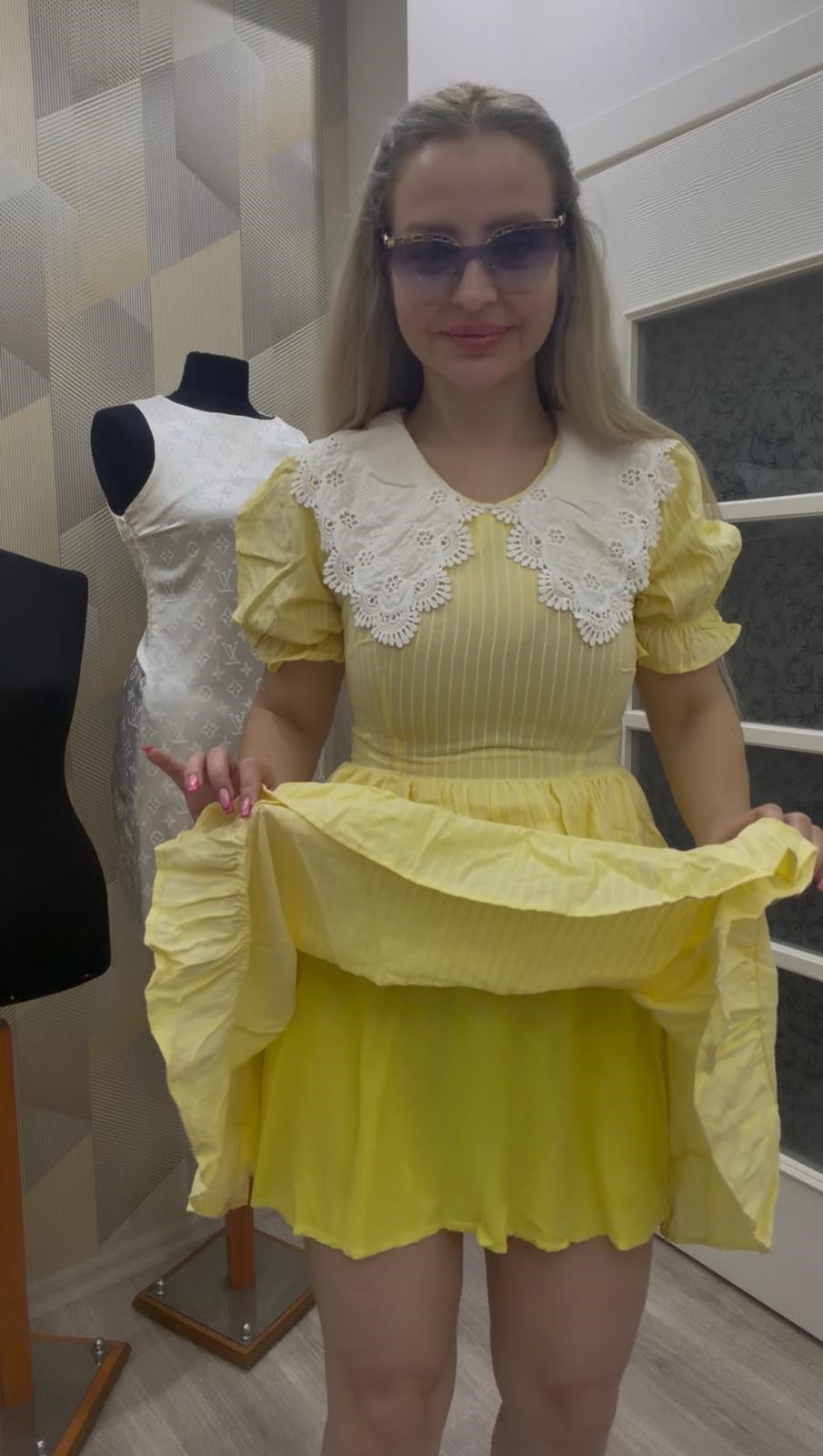 Bebe Yaka Keten Elbise Sarı