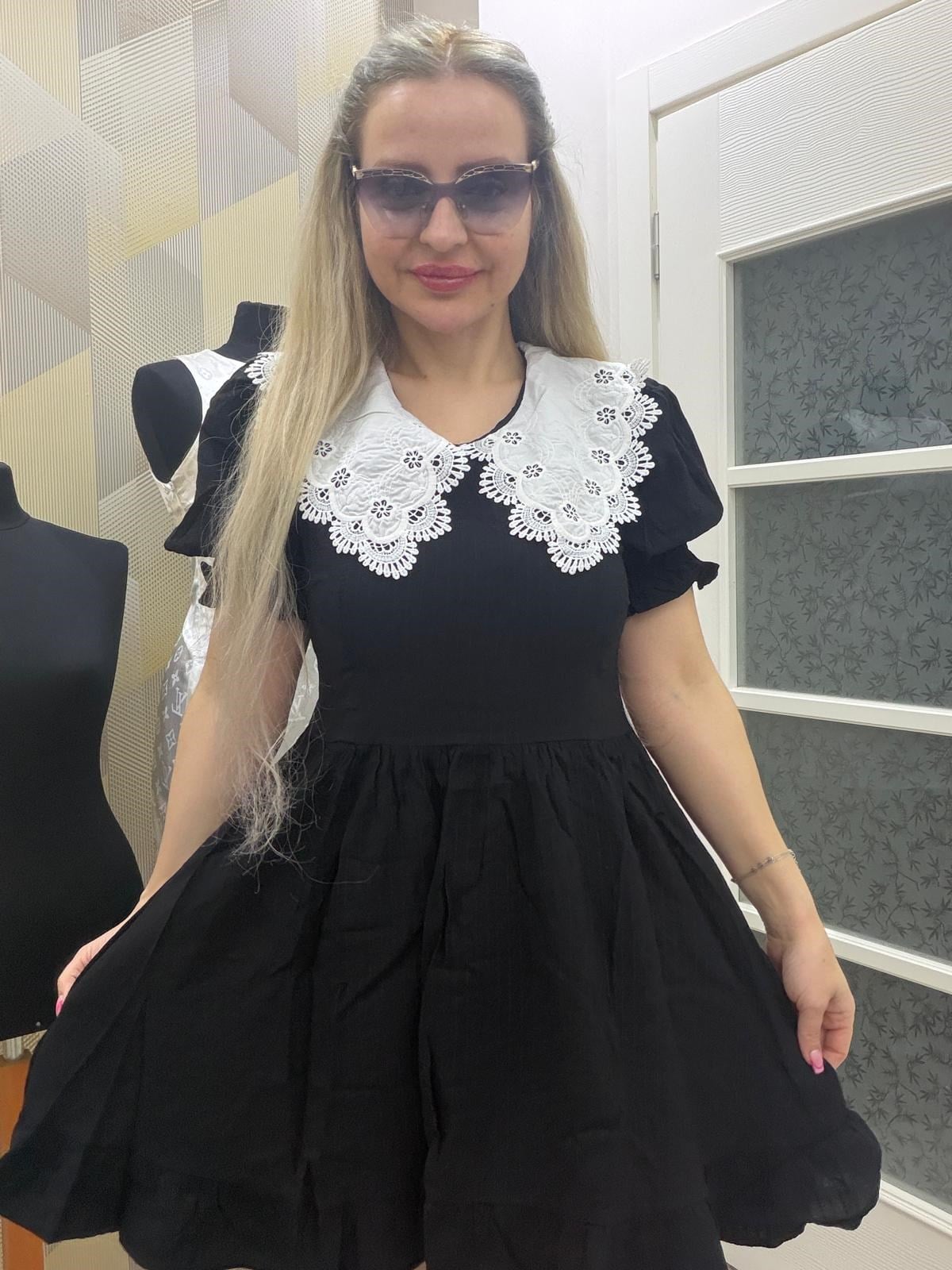 Bebe Yaka Keten Elbise Siyah