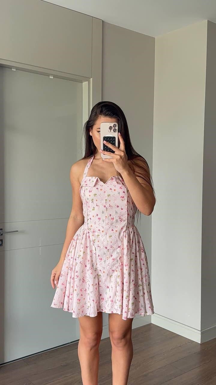 Boyun Bağlamalı Elbise Pembe