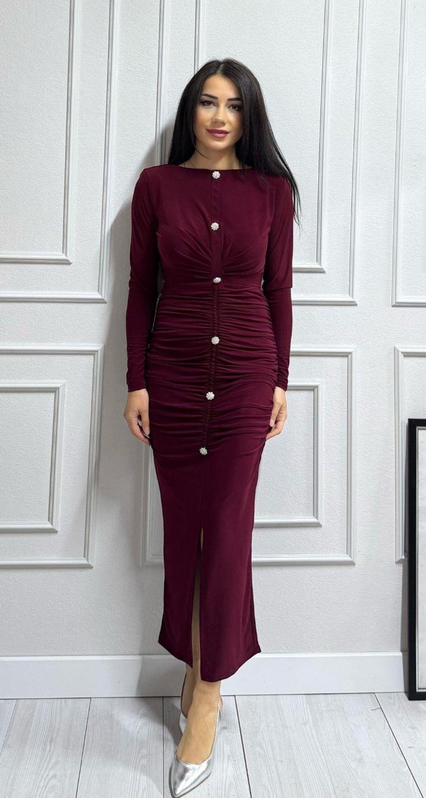 Düğme Detay Drape ve Vatkalı Elbise Bordo