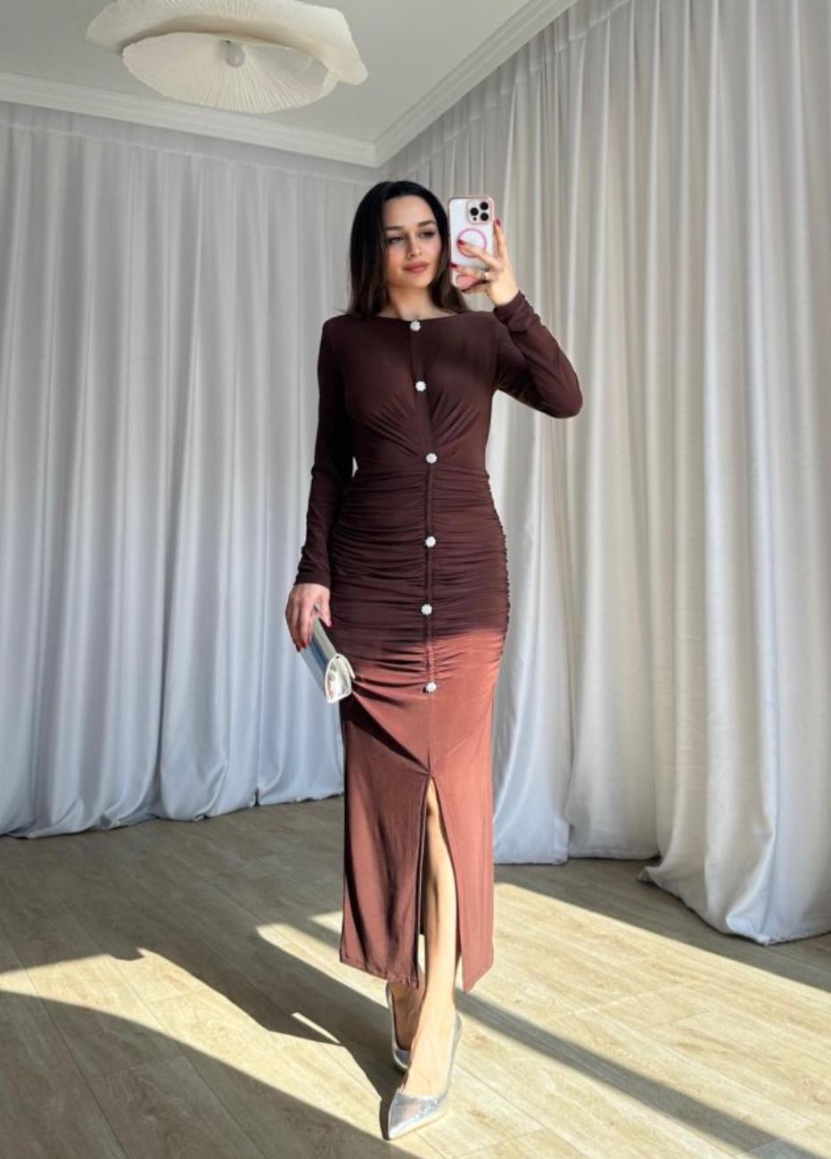 Düğme Detay Drape ve Vatkalı Elbise Kahverengi