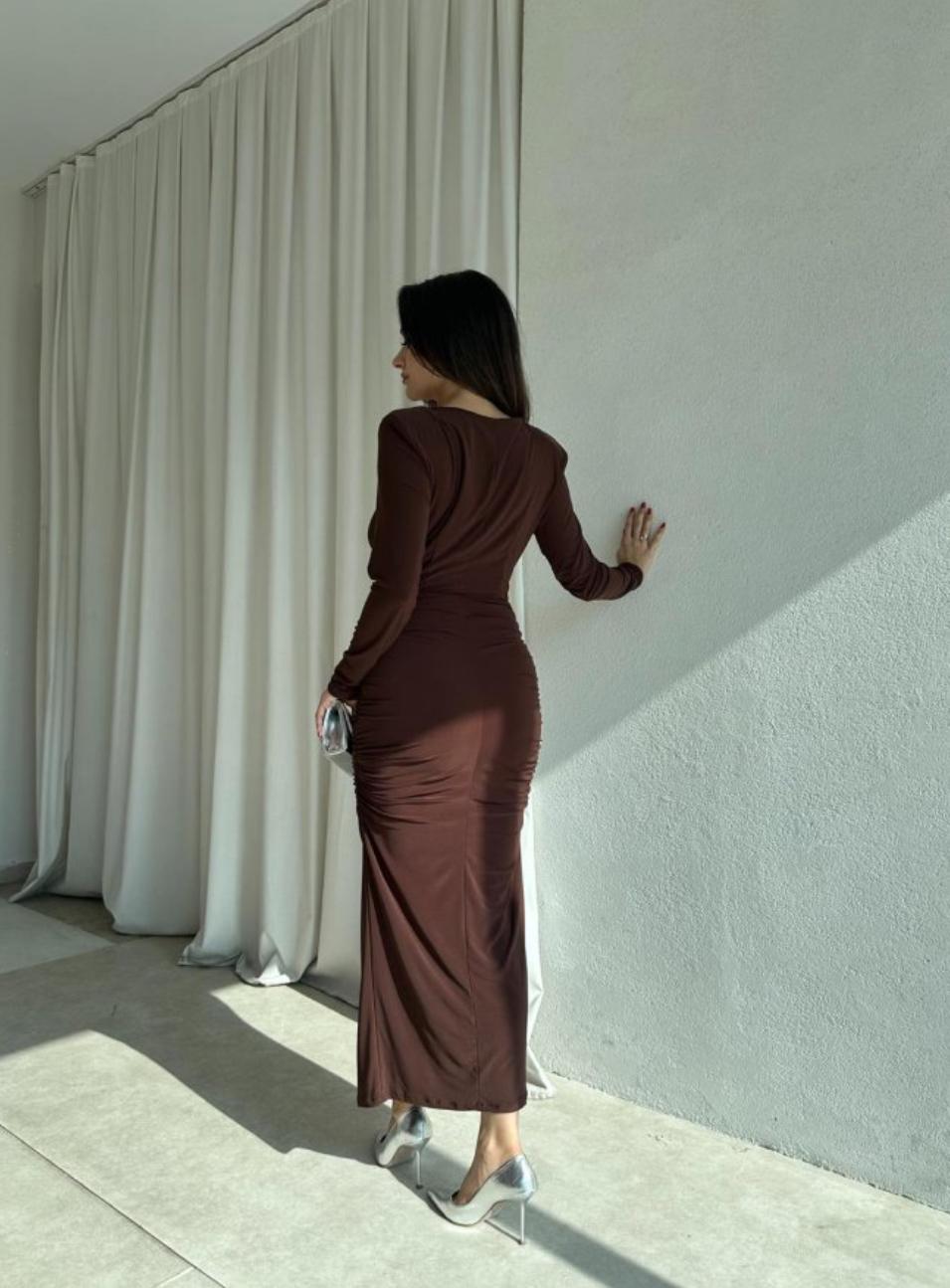 Düğme Detay Drape ve Vatkalı Elbise Kahverengi