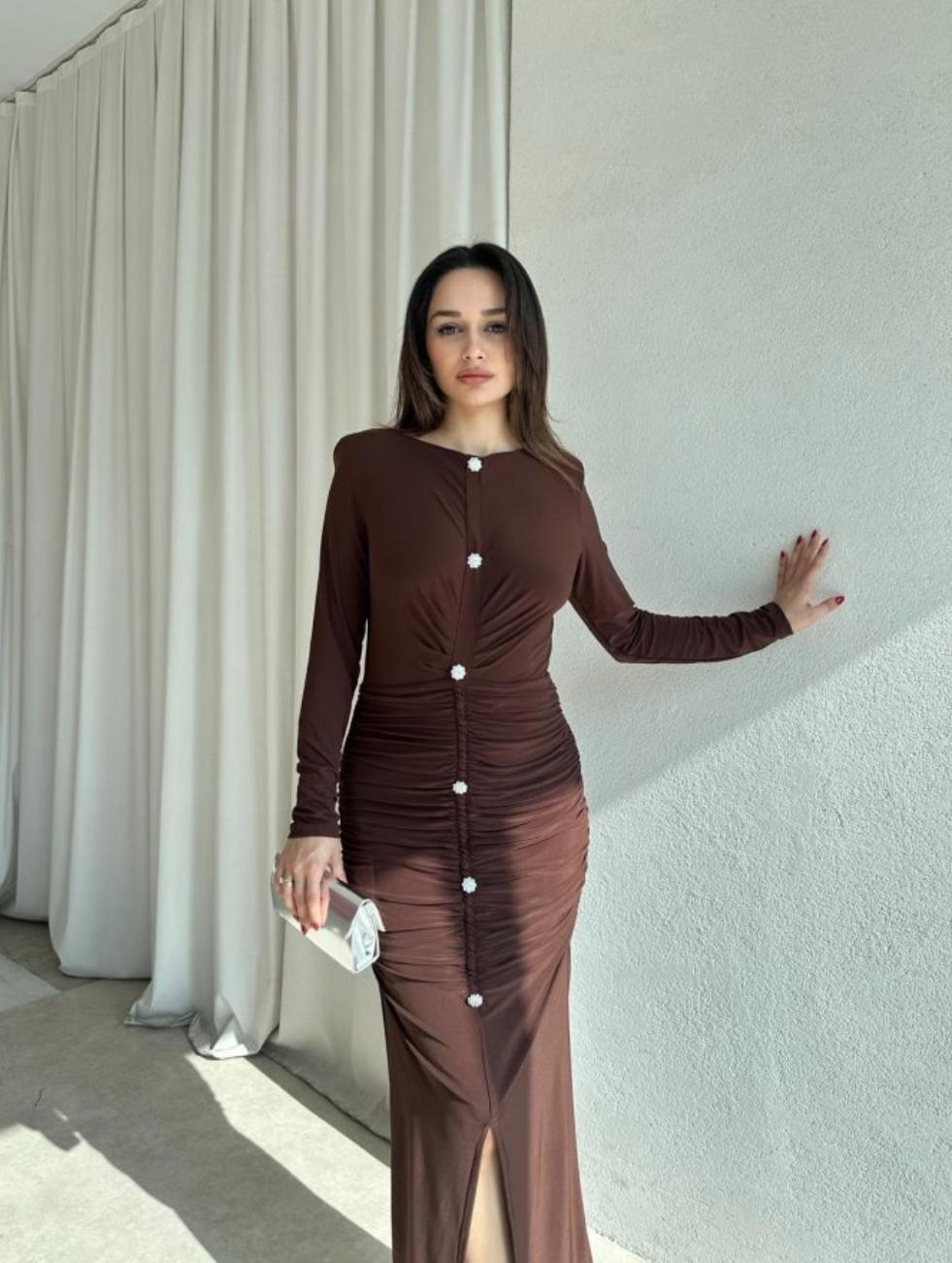 Düğme Detay Drape ve Vatkalı Elbise Kahverengi