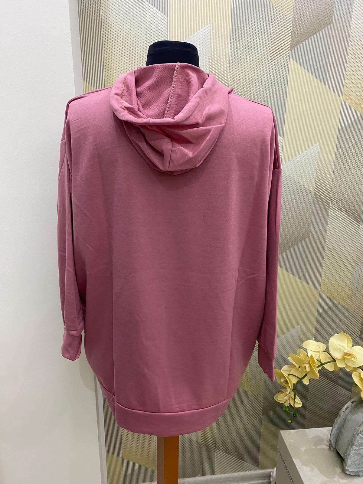 Kapüşonlu Uzun Sweat Pembe