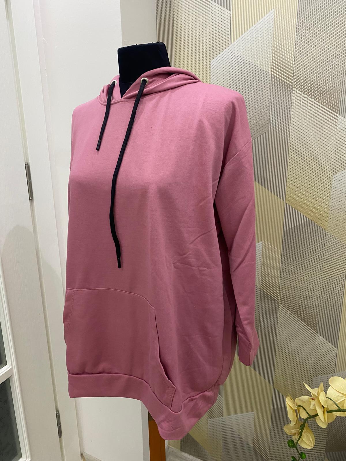 Kapüşonlu Uzun Sweat Pembe