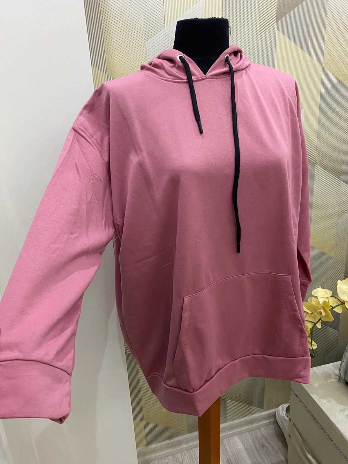 Kapüşonlu Uzun Sweat Pembe