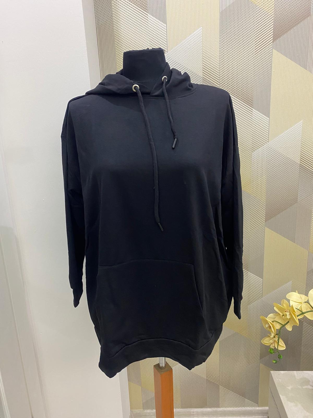 Kapüşonlu Uzun Sweat Siyah