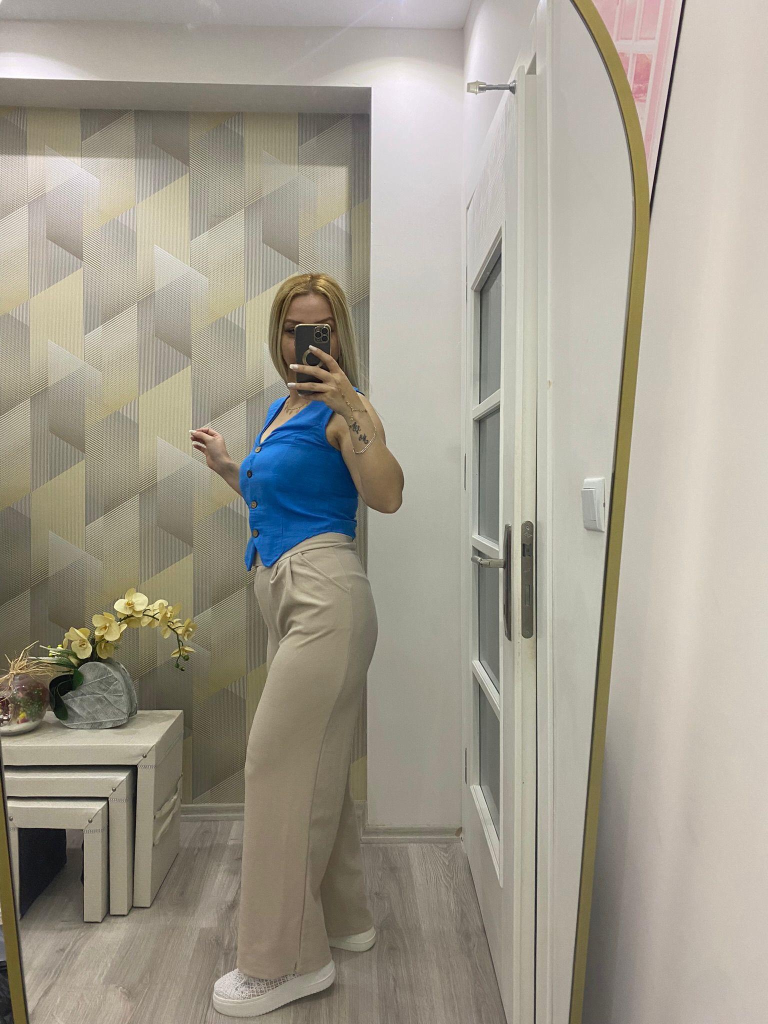 Kısa Keten Yelek Açık Mavi