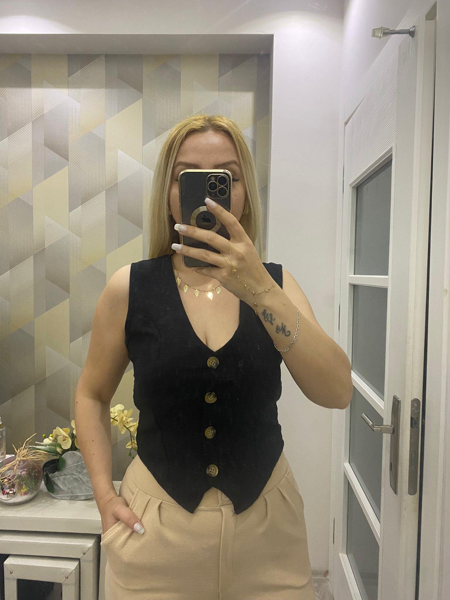 Kısa Keten Yelek Siyah