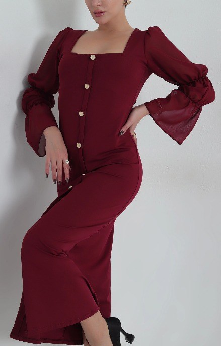 Kolları Şifon Düğme Tasarım Modal Elbise Bordo