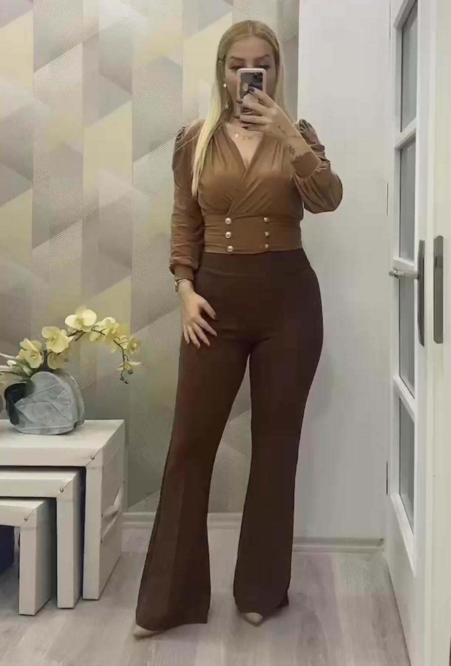Korsaj Kemer Çımalı İspanyol Paça Krep Pantolon Kahverengi