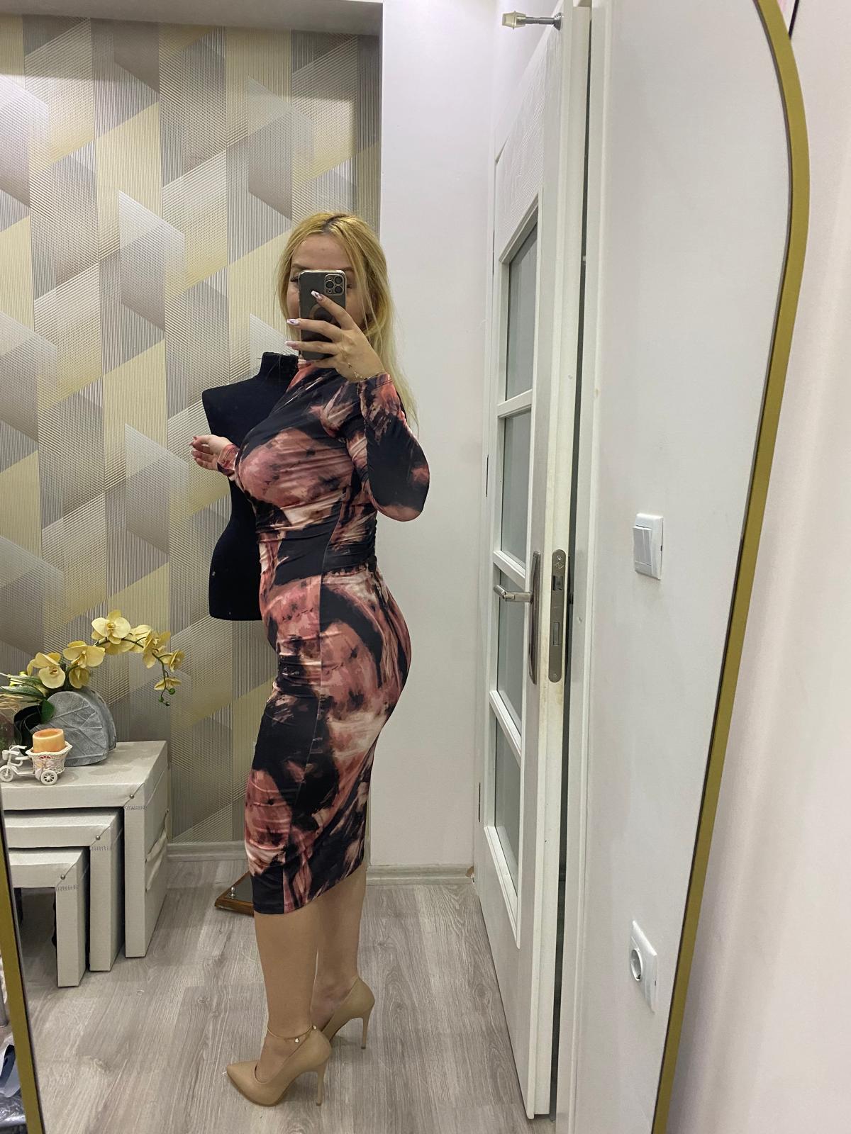 Sandy Desenli Kalem Elbise Pembe