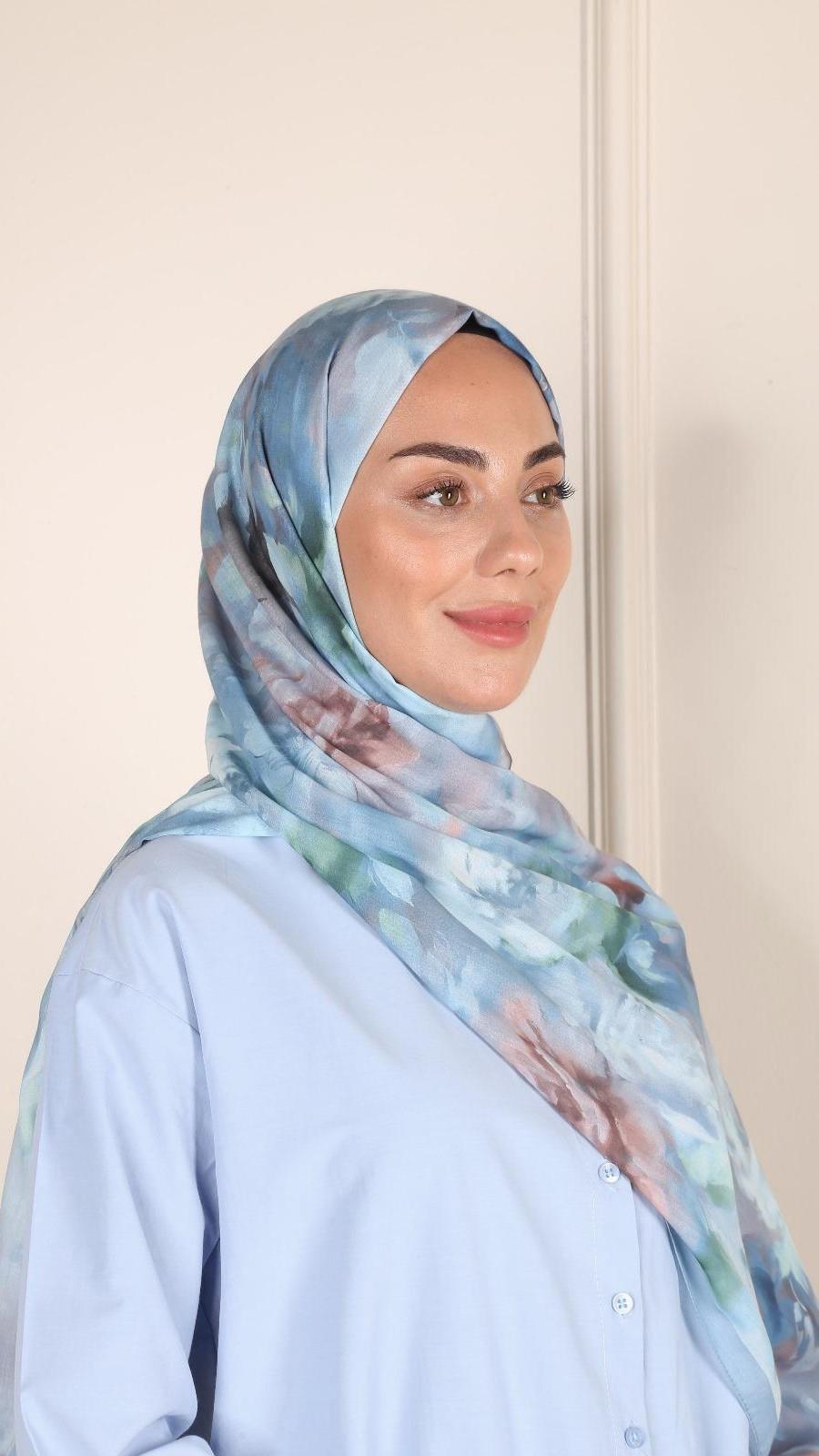 Desenli Pamuk Vual Şal Açık Mavi-10