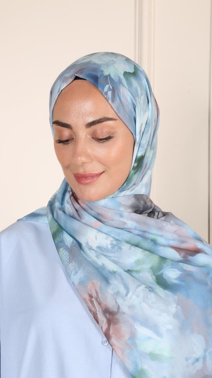 Desenli Pamuk Vual Şal Açık Mavi-10