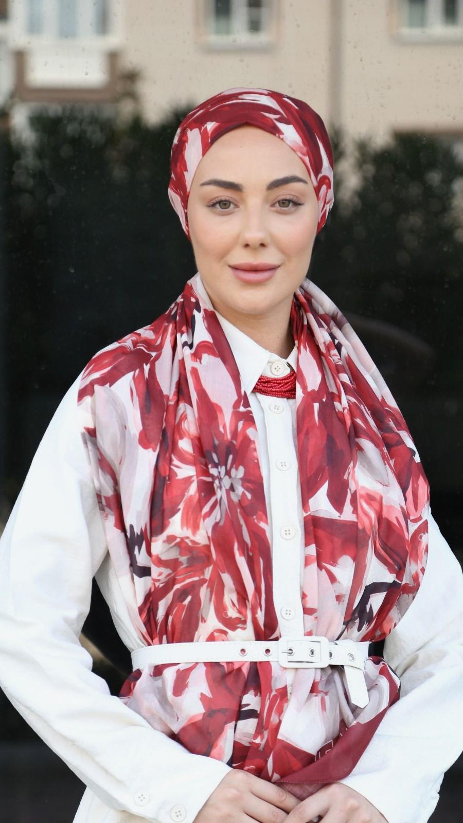 Desenli Pamuk Vual Şal Bordo Serisi-7