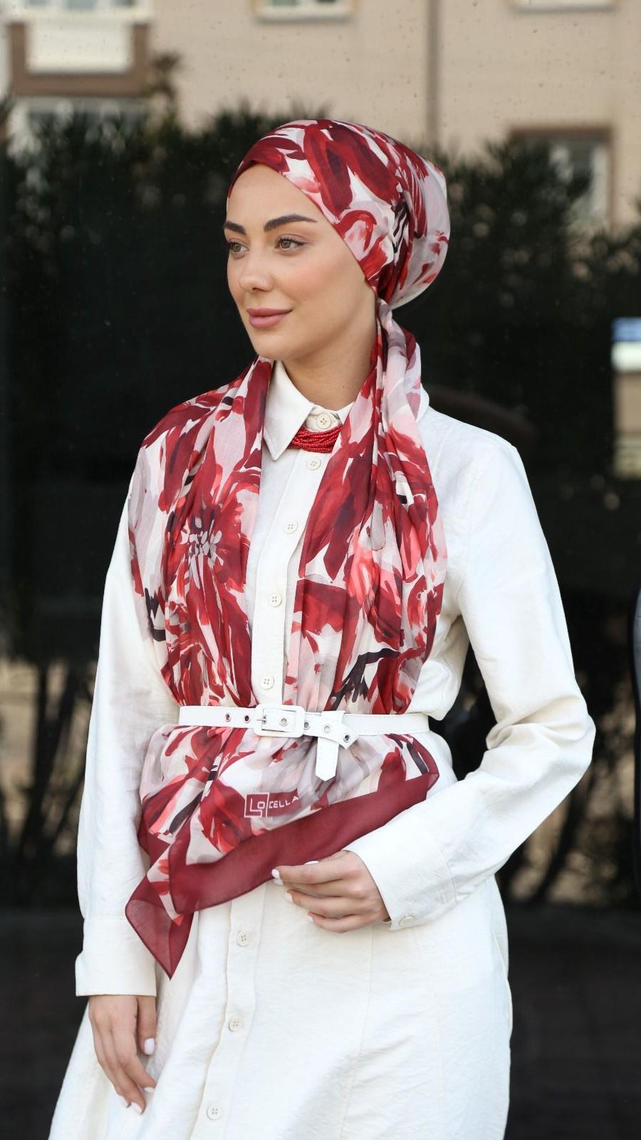 Desenli Pamuk Vual Şal Bordo Serisi-7