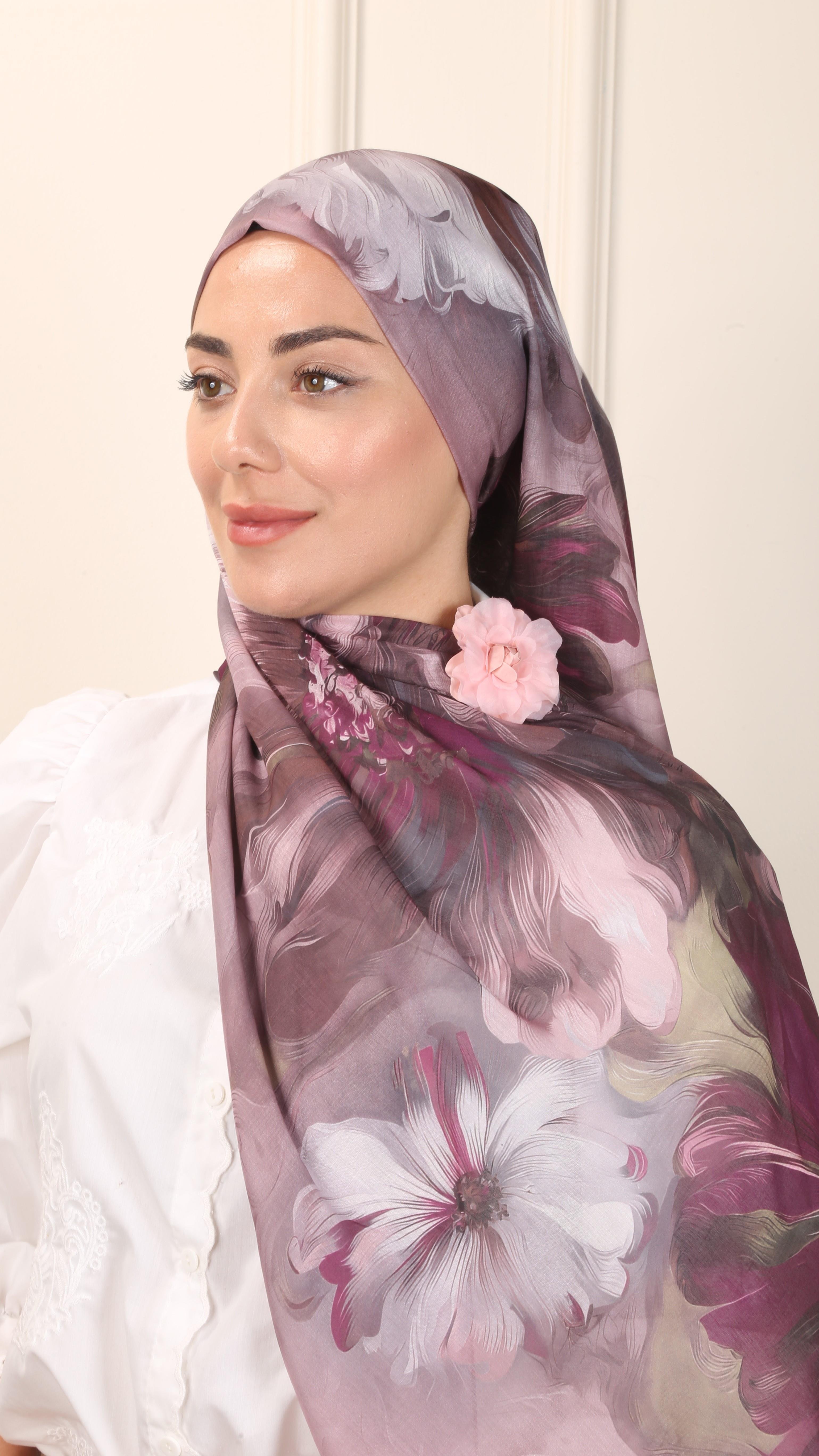 Desenli Pamuk Vual Şal Gül Kurusu-5