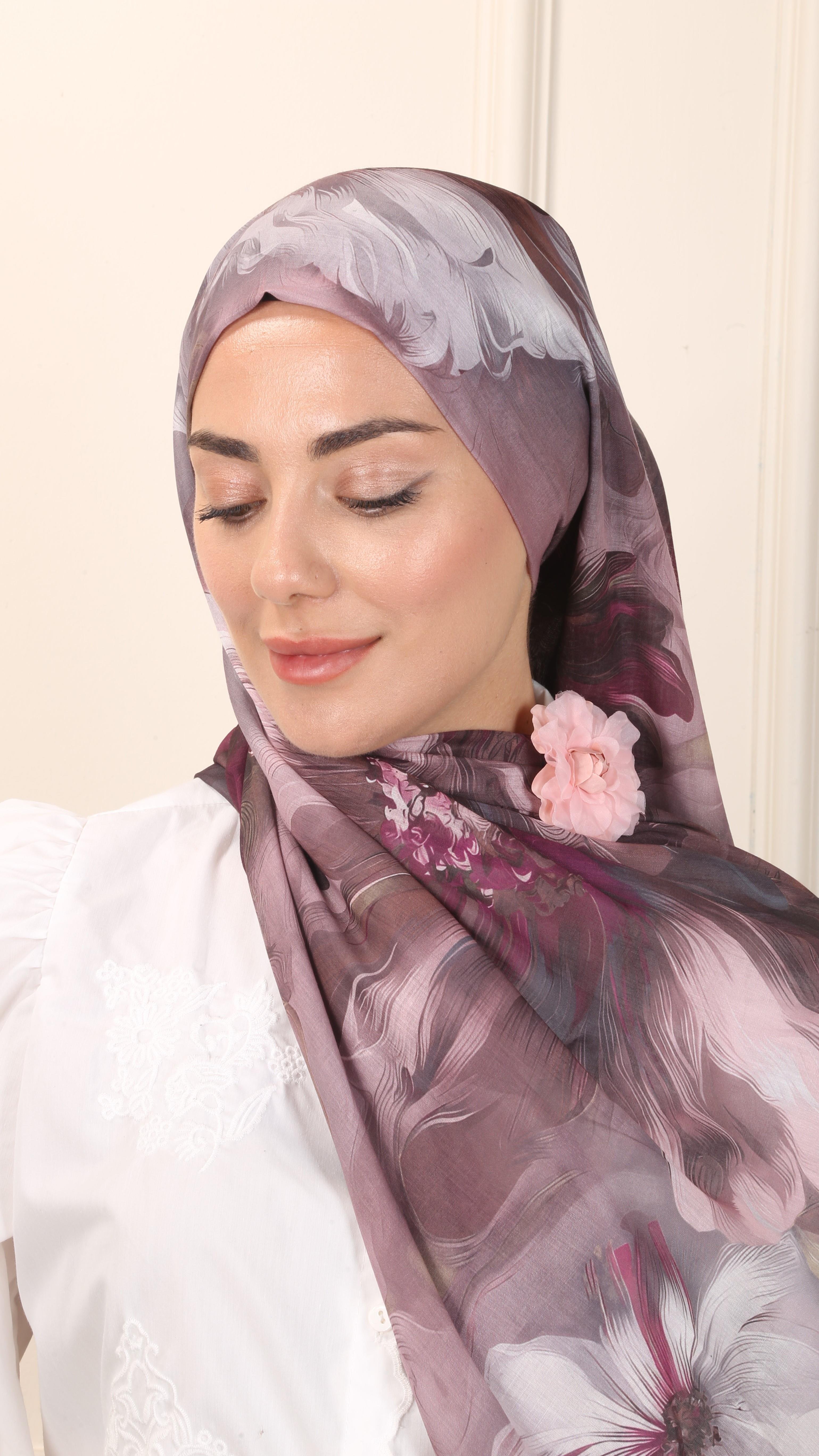 Desenli Pamuk Vual Şal Gül Kurusu-5