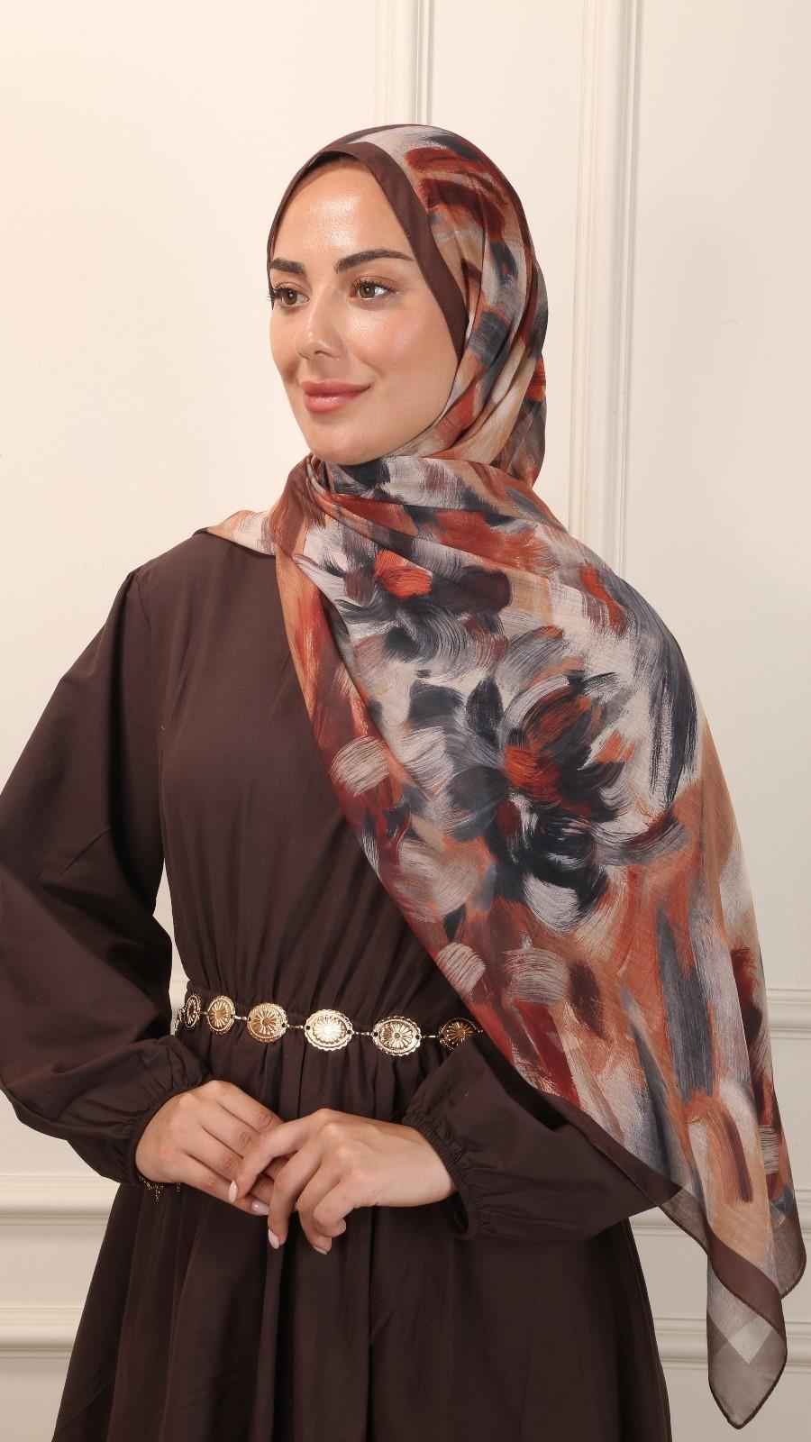 Desenli Pamuk Vual Şal Kahve-2