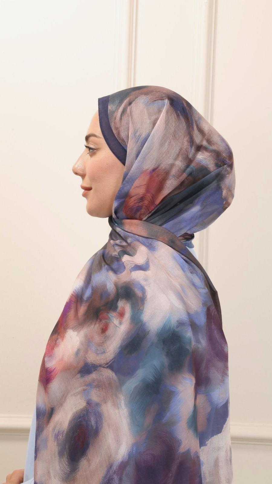 Desenli Pamuk Vual Şal Lacivert-6