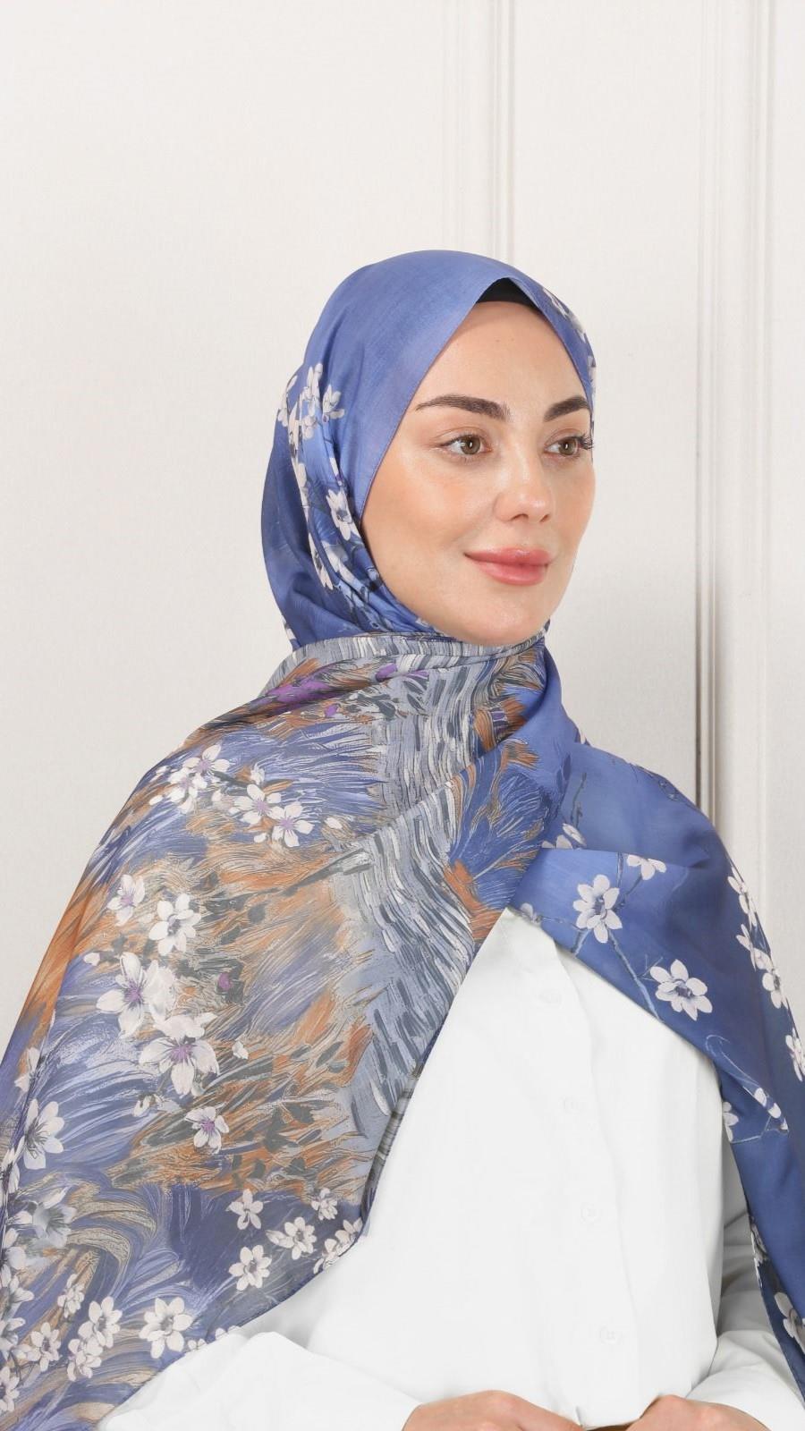 Desenli Pamuk Vual Şal Lacivert-8