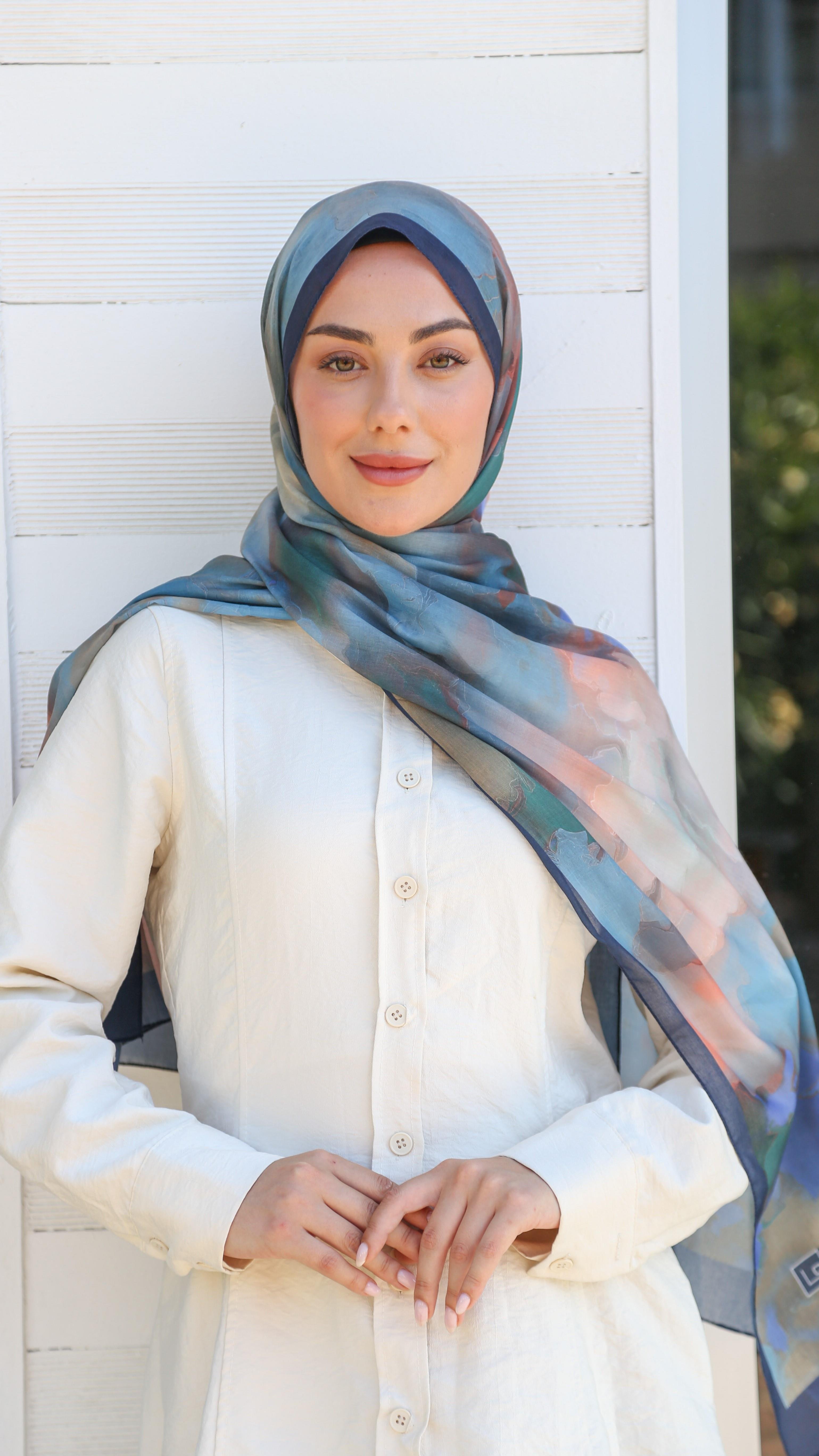 Desenli Pamuk Vual Şal Lacivert-10