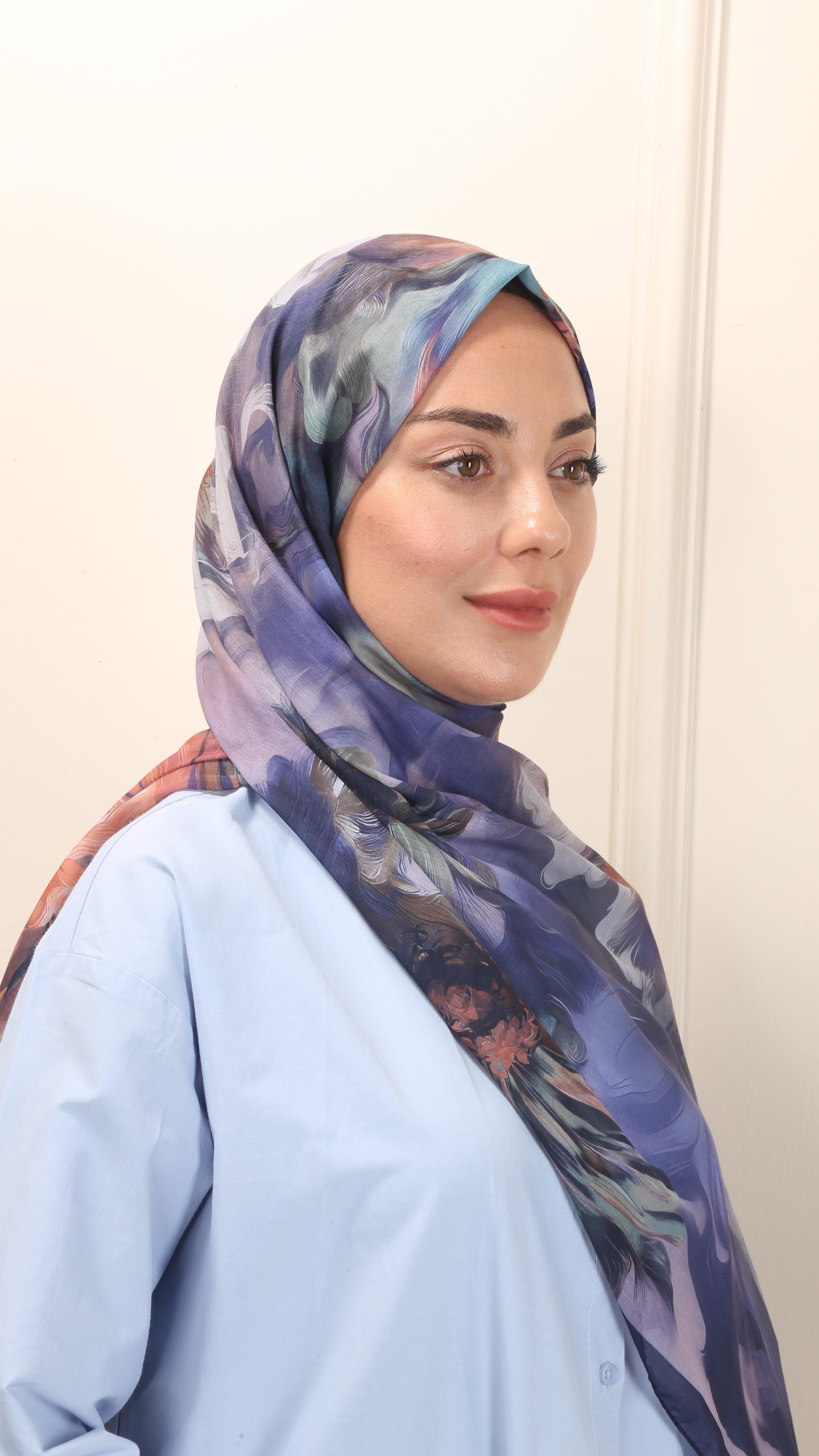 Desenli Pamuk Vual Şal Lacivert-3