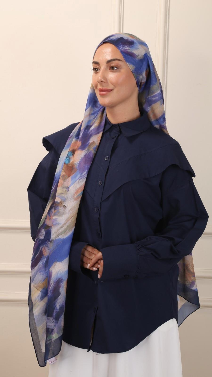 Desenli Pamuk Vual Şal Lacivert-4