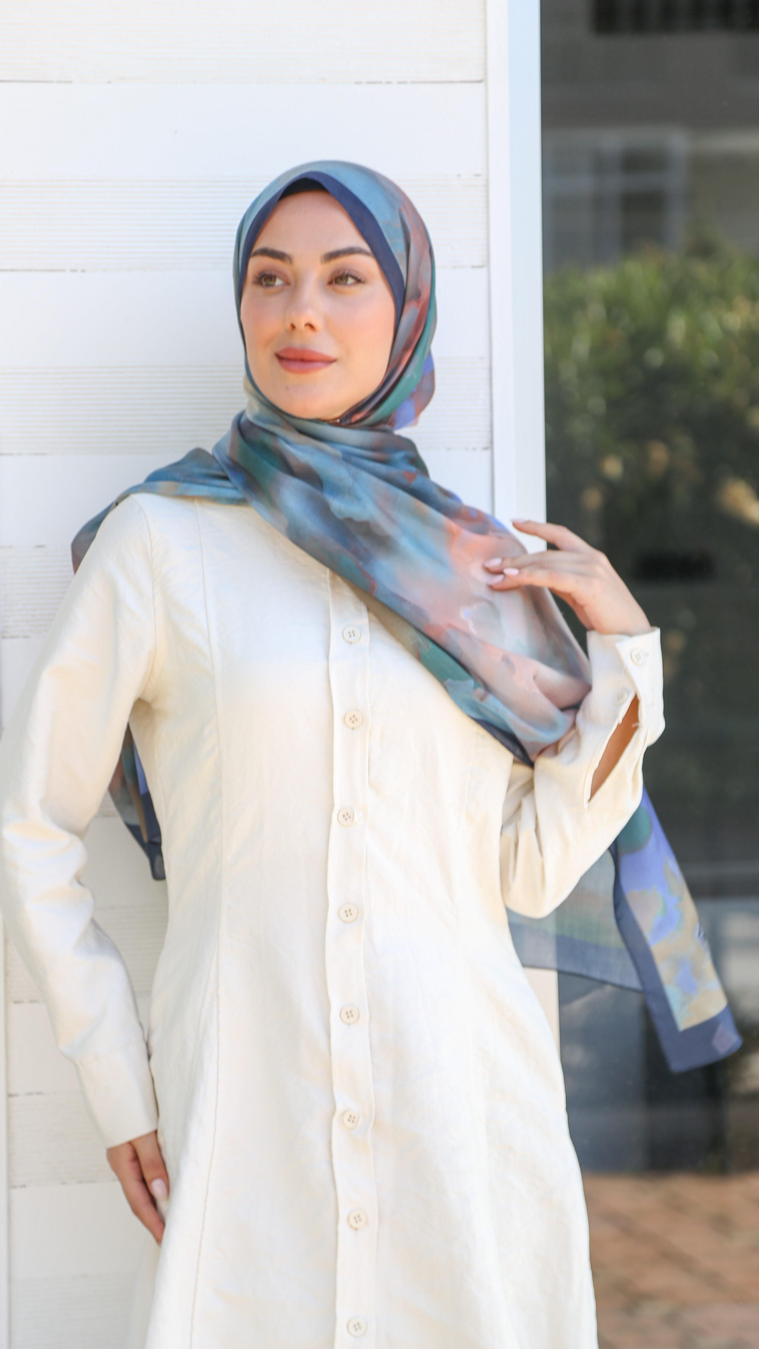 Desenli Pamuk Vual Şal Lacivert-10