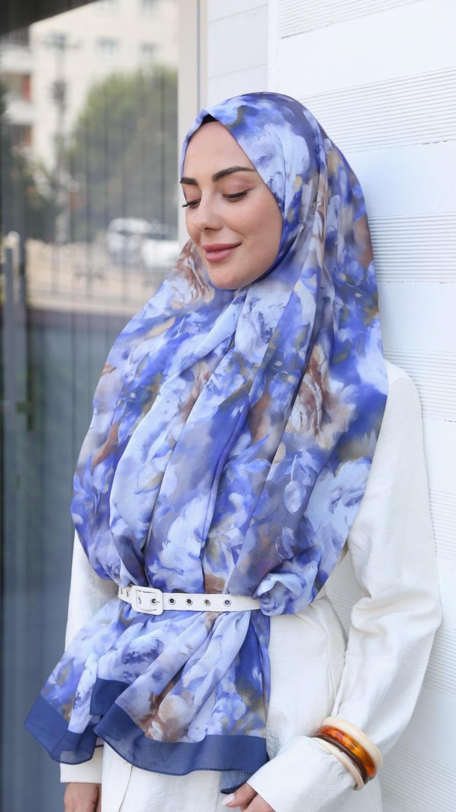 Desenli Pamuk Vual Şal Lacivert-1