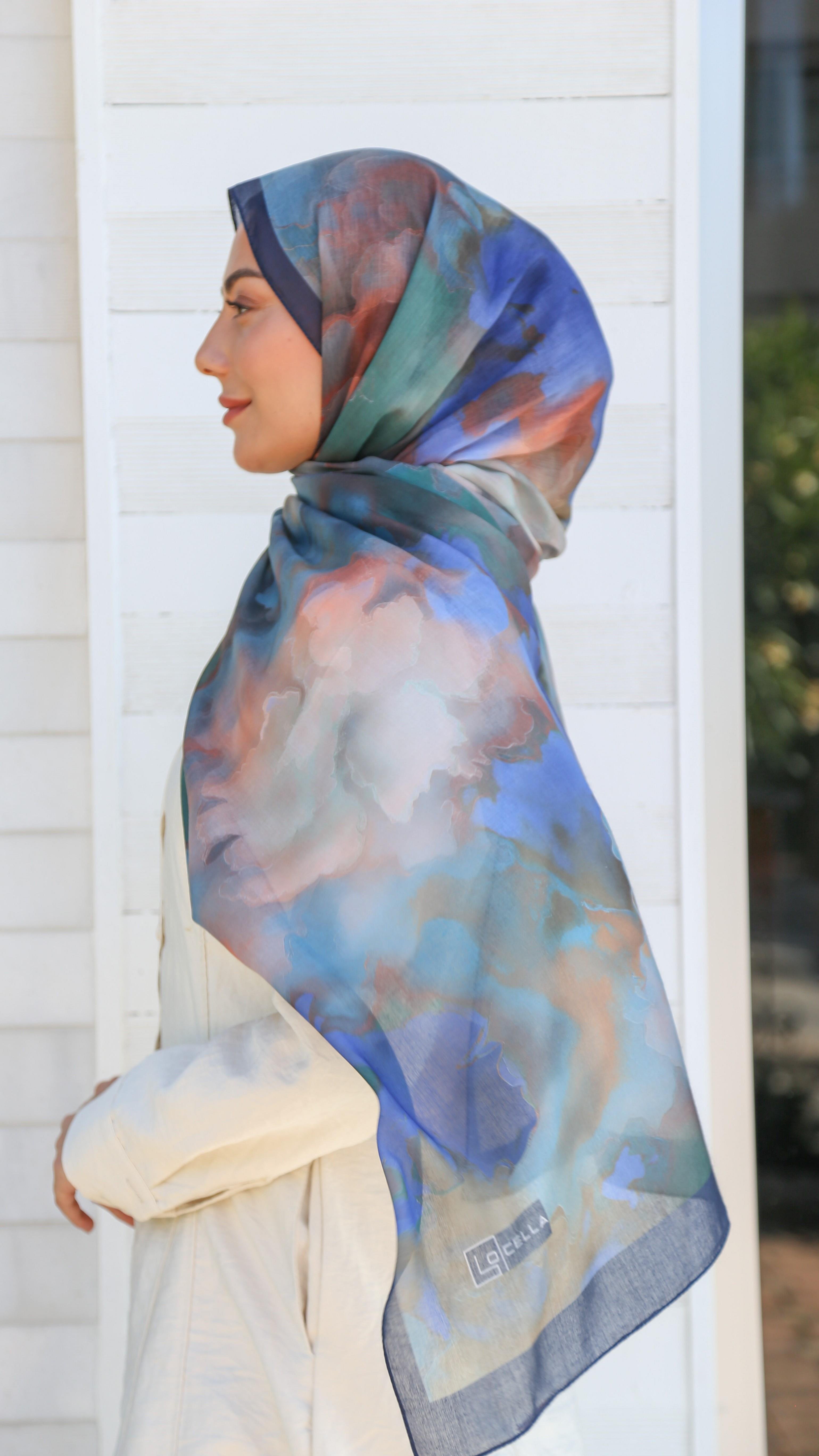 Desenli Pamuk Vual Şal Lacivert-10