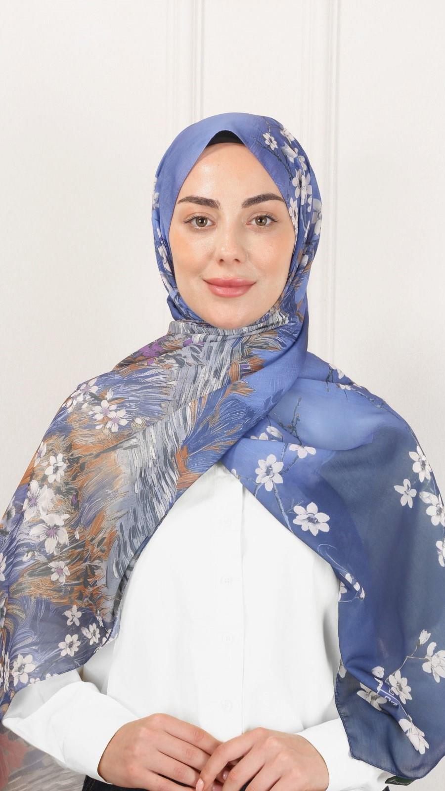 Desenli Pamuk Vual Şal Lacivert-8