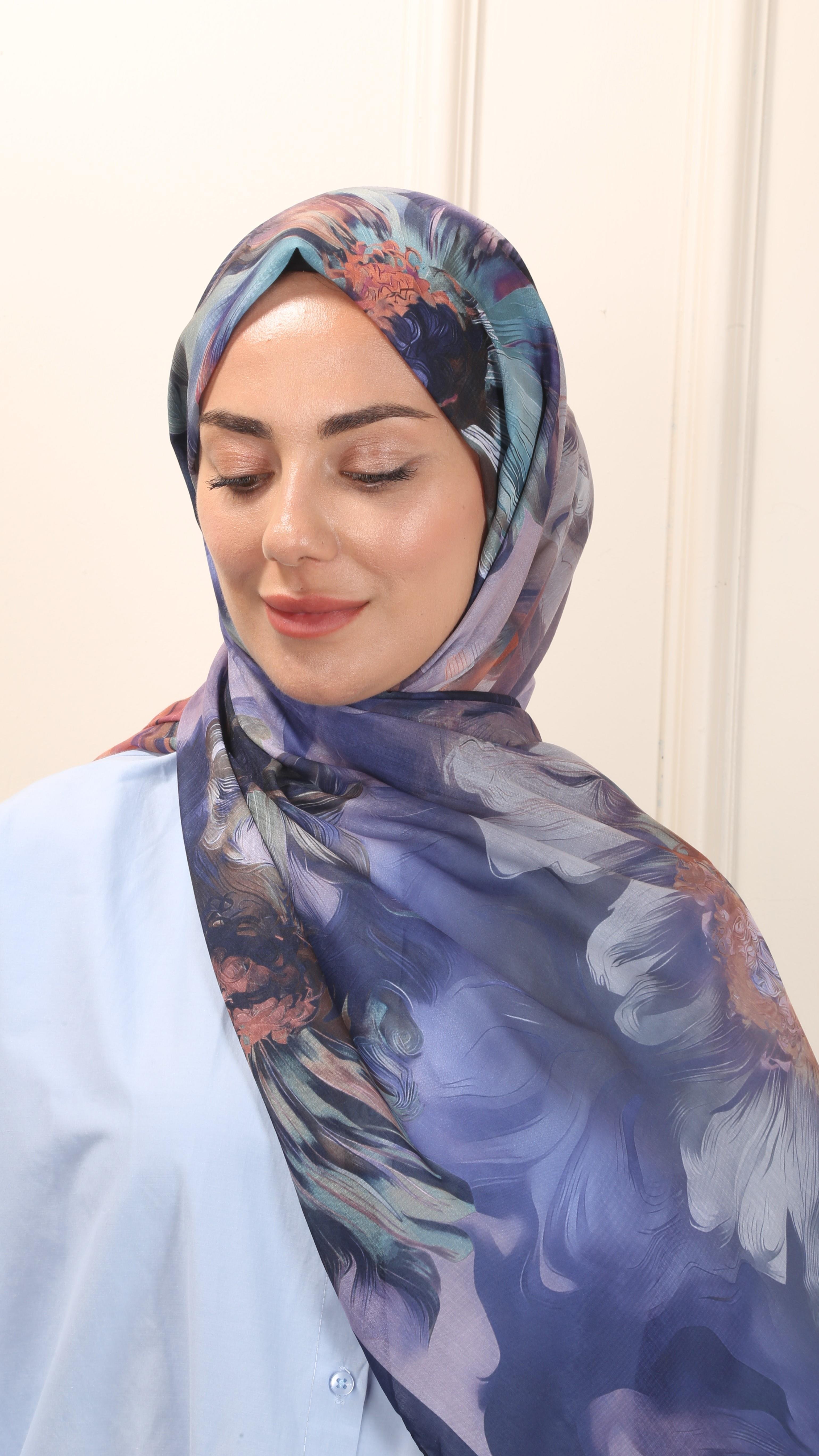 Desenli Pamuk Vual Şal Lacivert-3