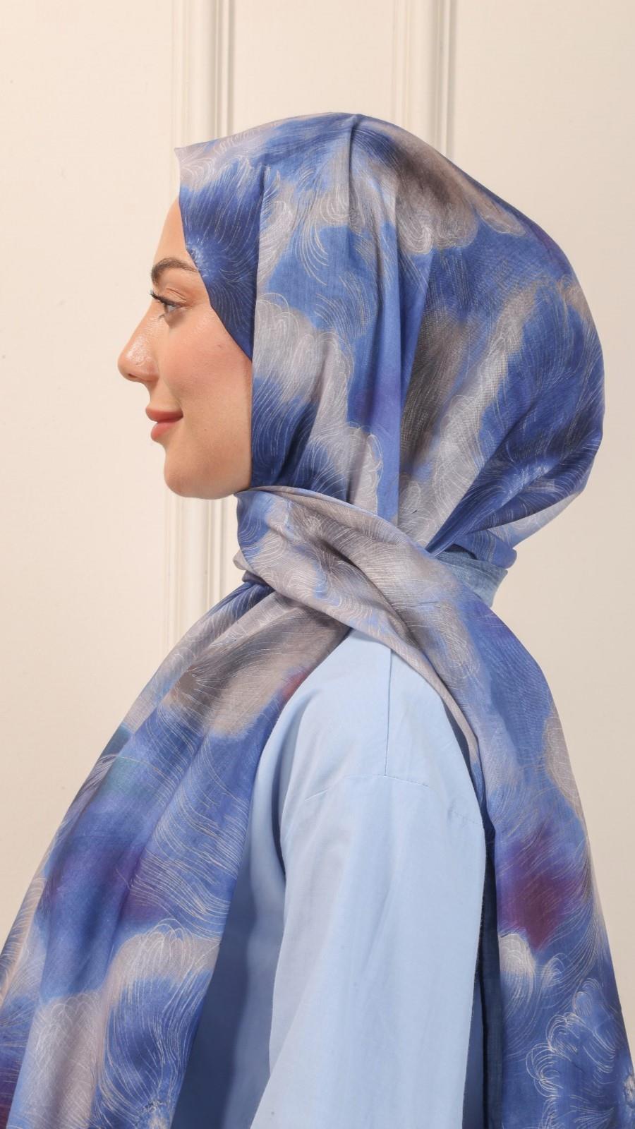 Desenli Pamuk Vual Şal Lacivert-10