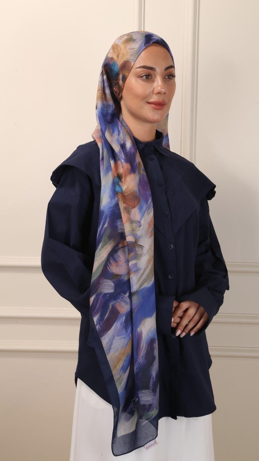 Desenli Pamuk Vual Şal Lacivert-4