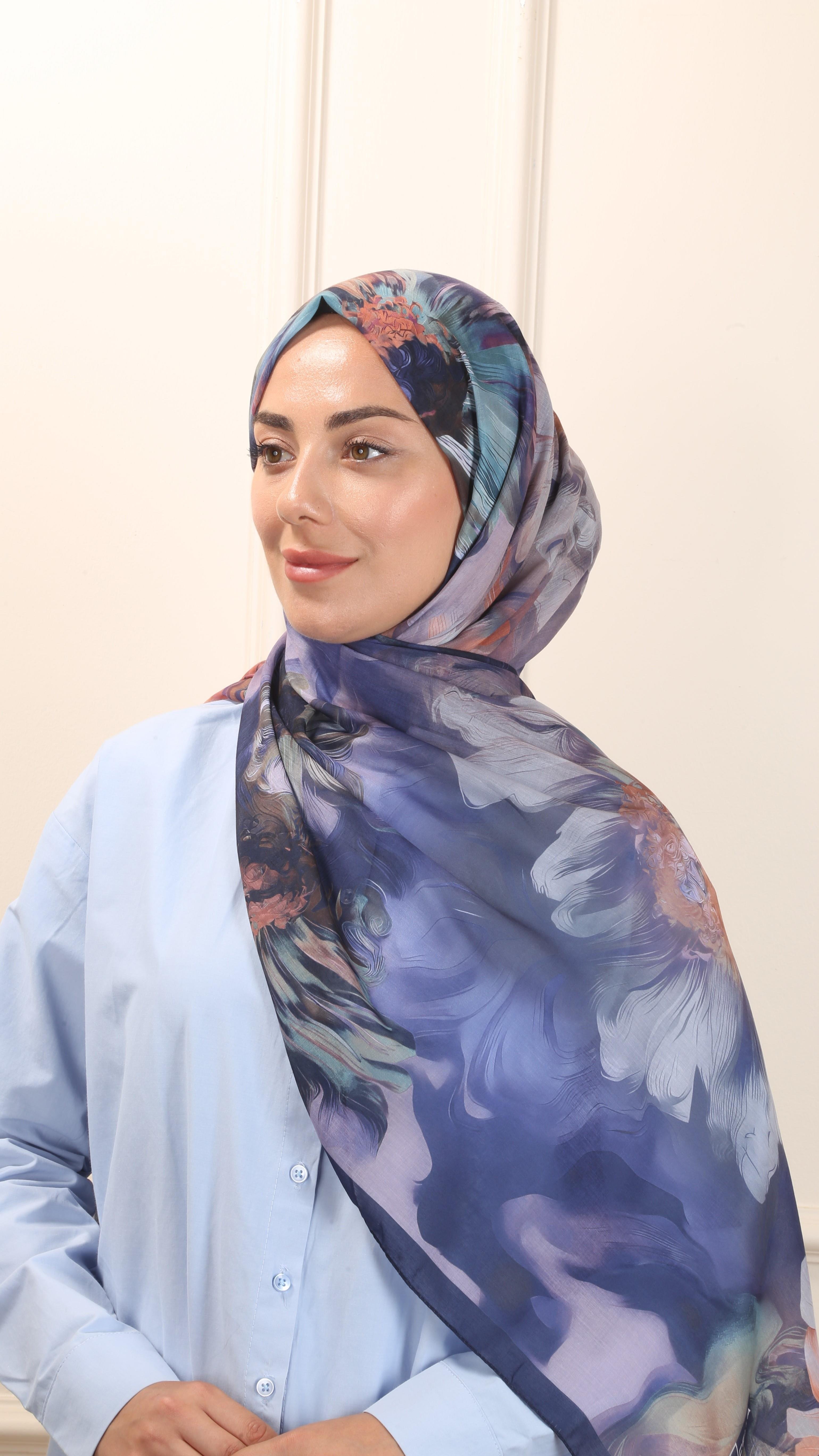 Desenli Pamuk Vual Şal Lacivert-3