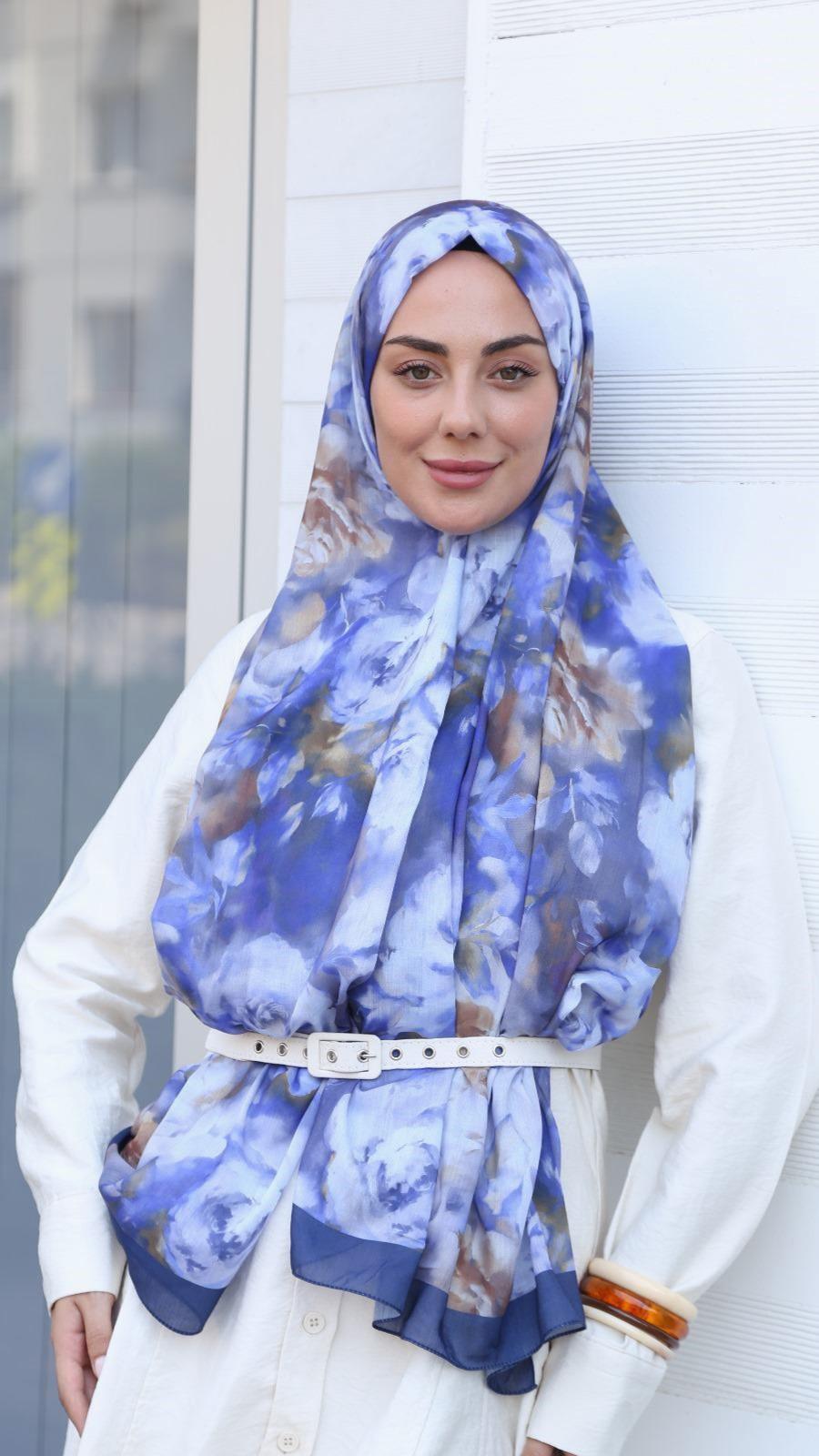 Desenli Pamuk Vual Şal Lacivert-1