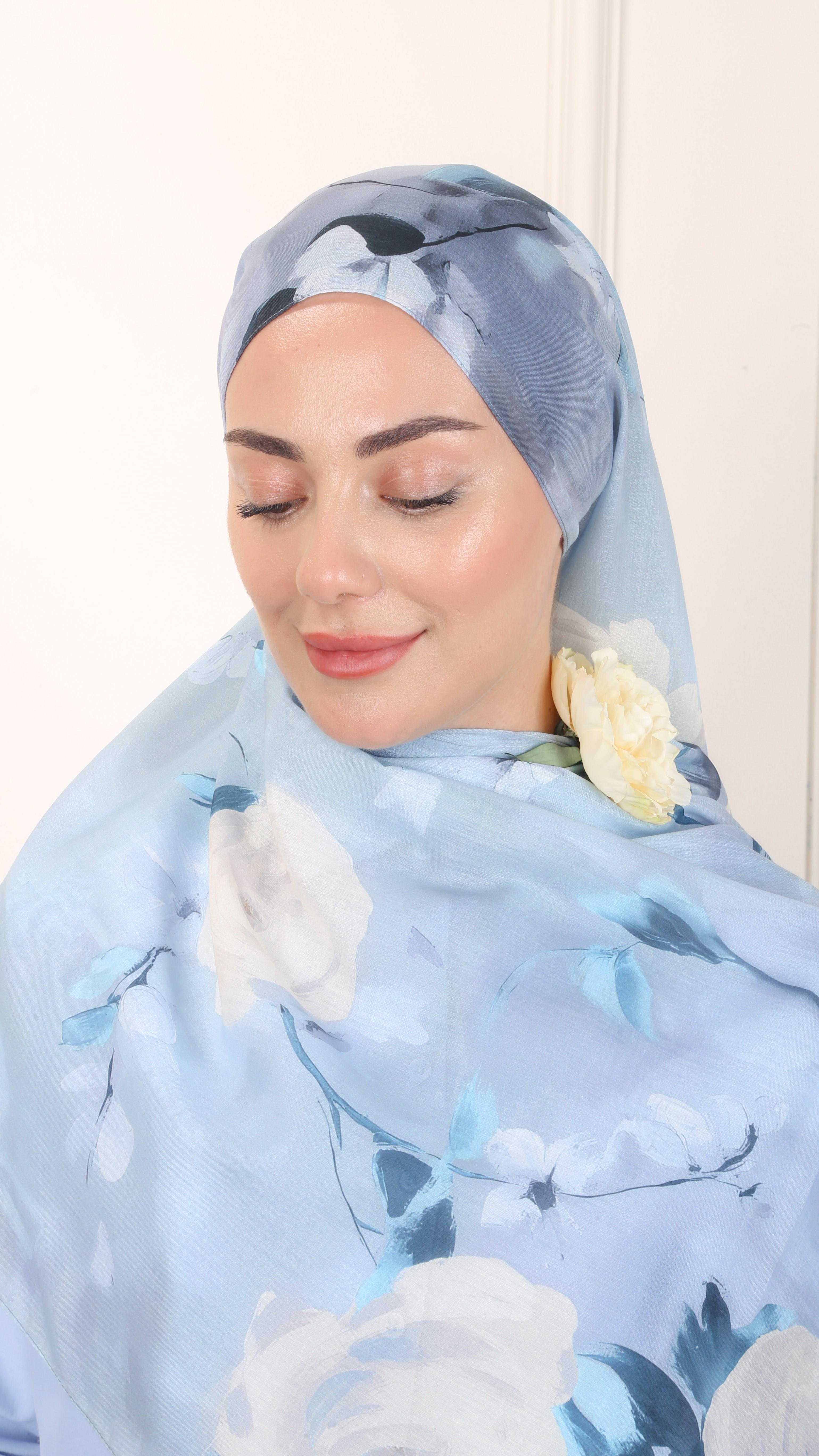 Desenli Pamuk Vual Şal Mavi-3