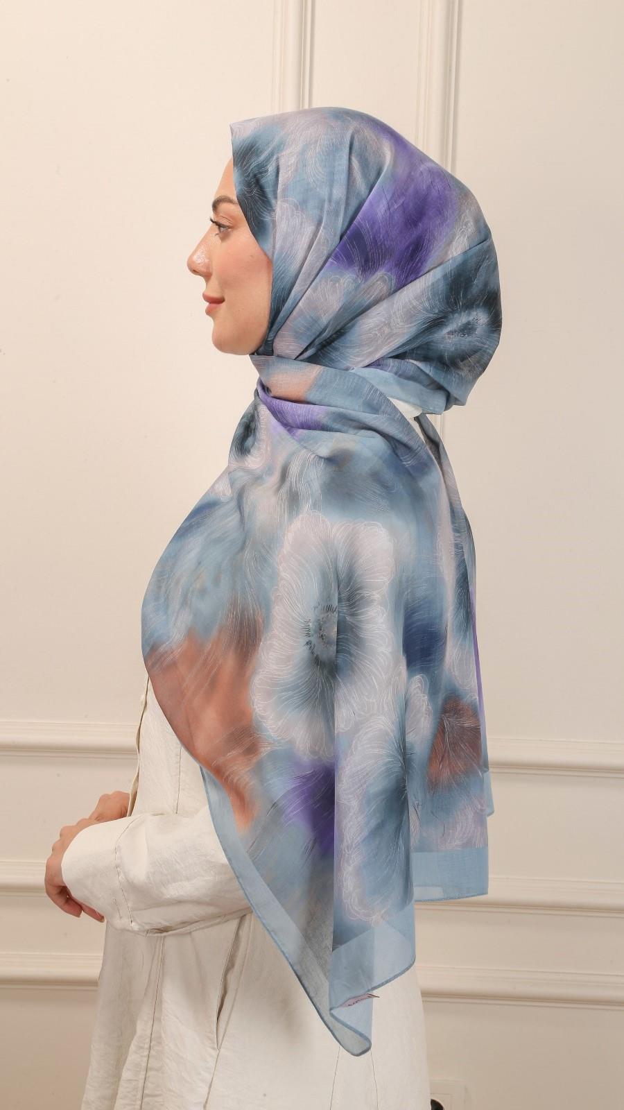 Desenli Pamuk Vual Şal Mavi-9