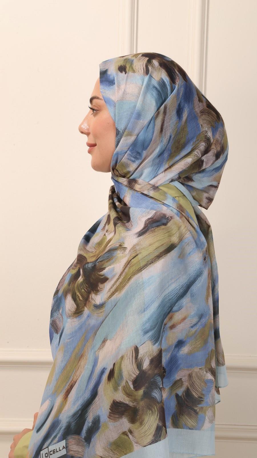 Desenli Pamuk Vual Şal Mavi-3