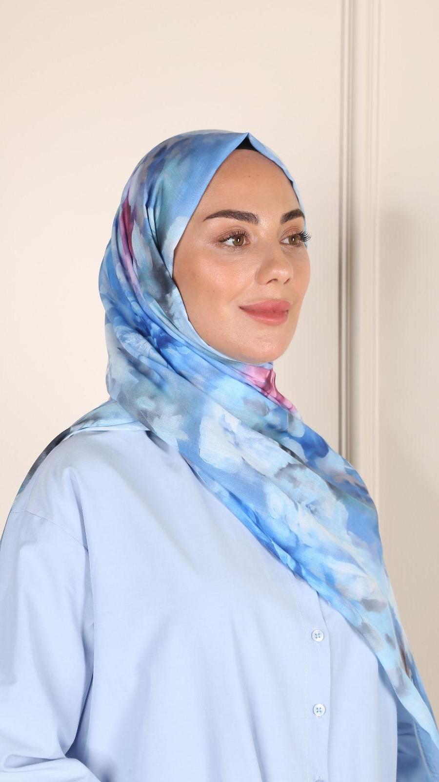 Desenli Pamuk Vual Şal Mavi-11