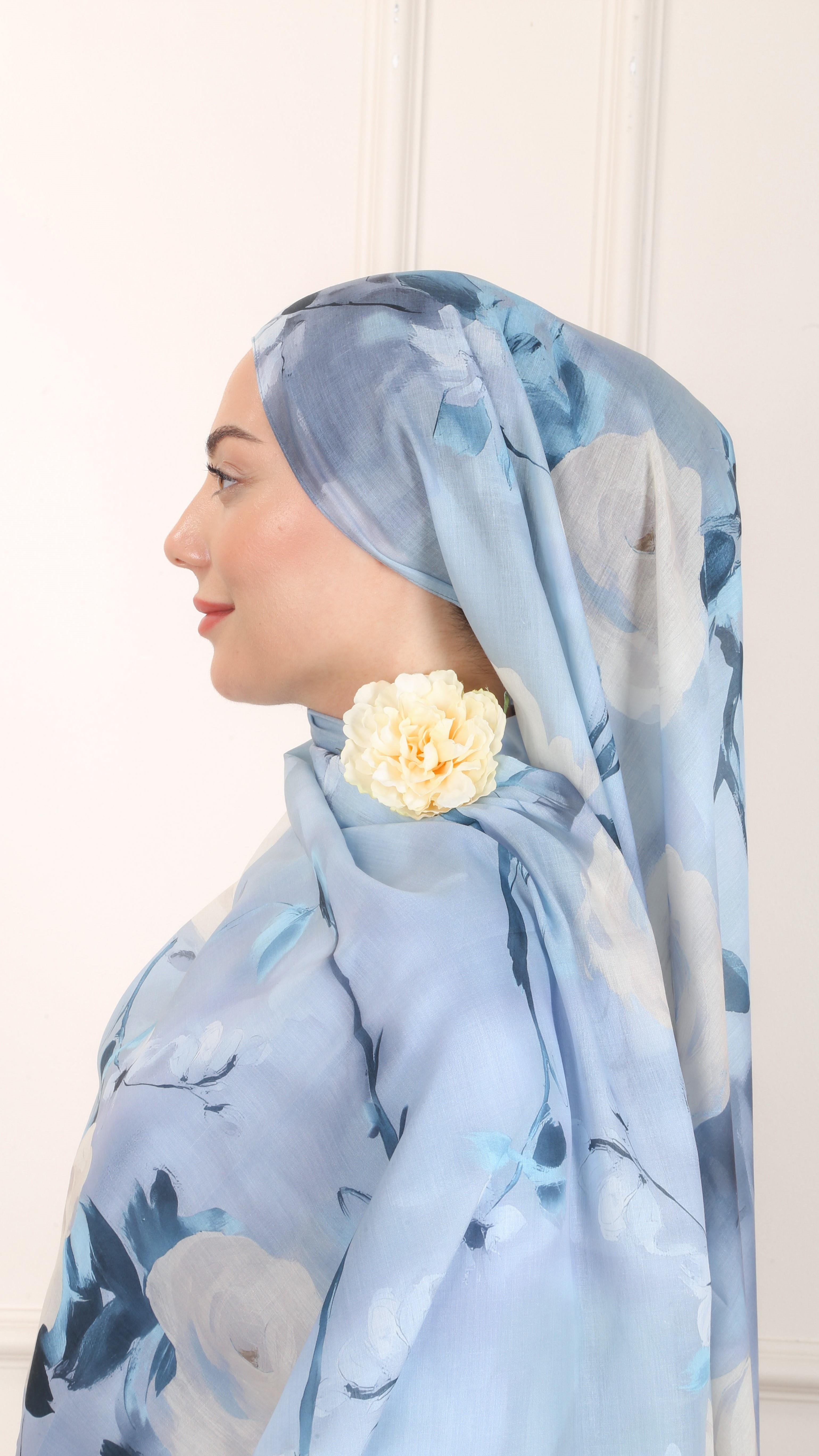 Desenli Pamuk Vual Şal Mavi-3