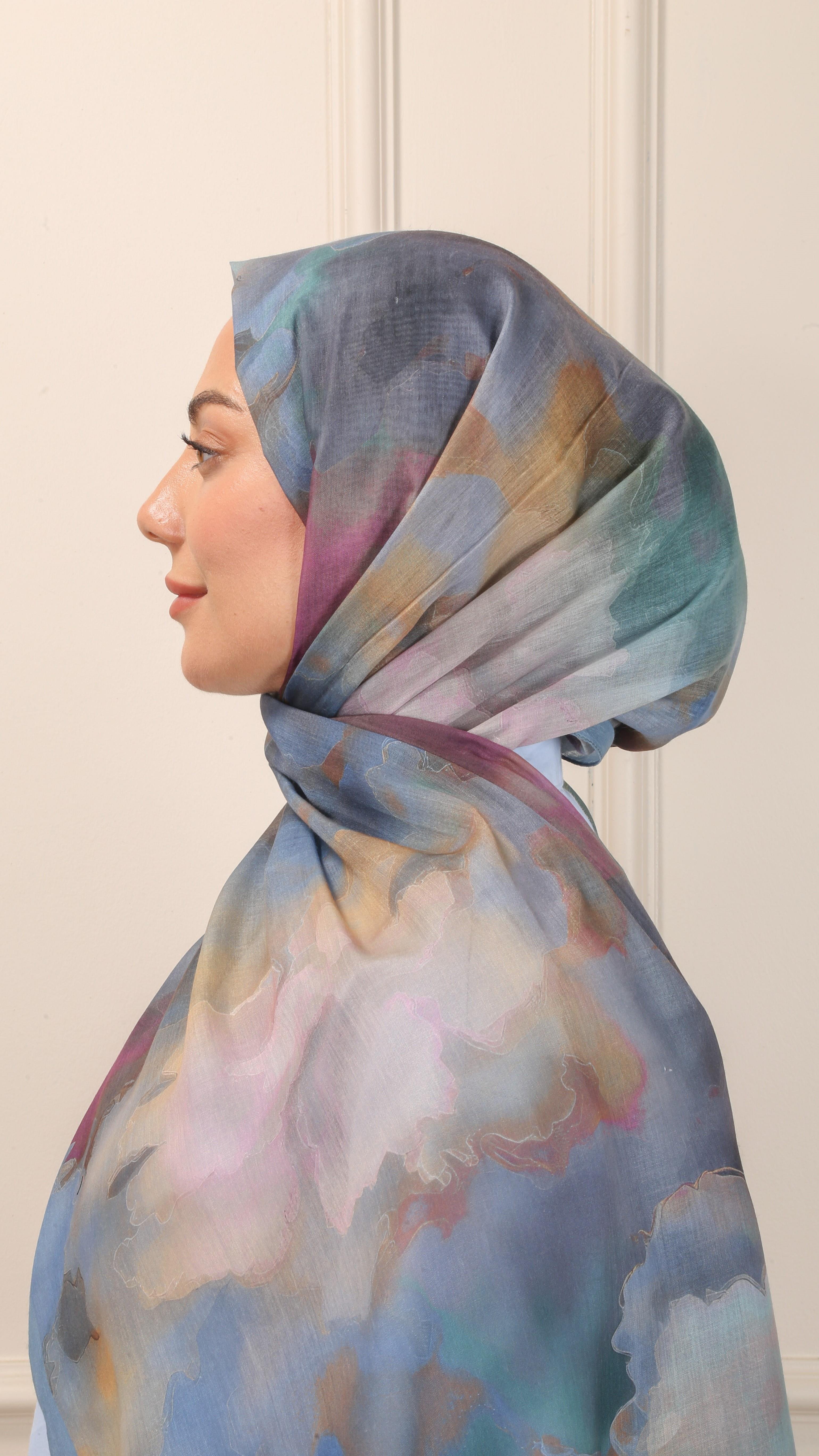 Desenli Pamuk Vual Şal Mavi-7