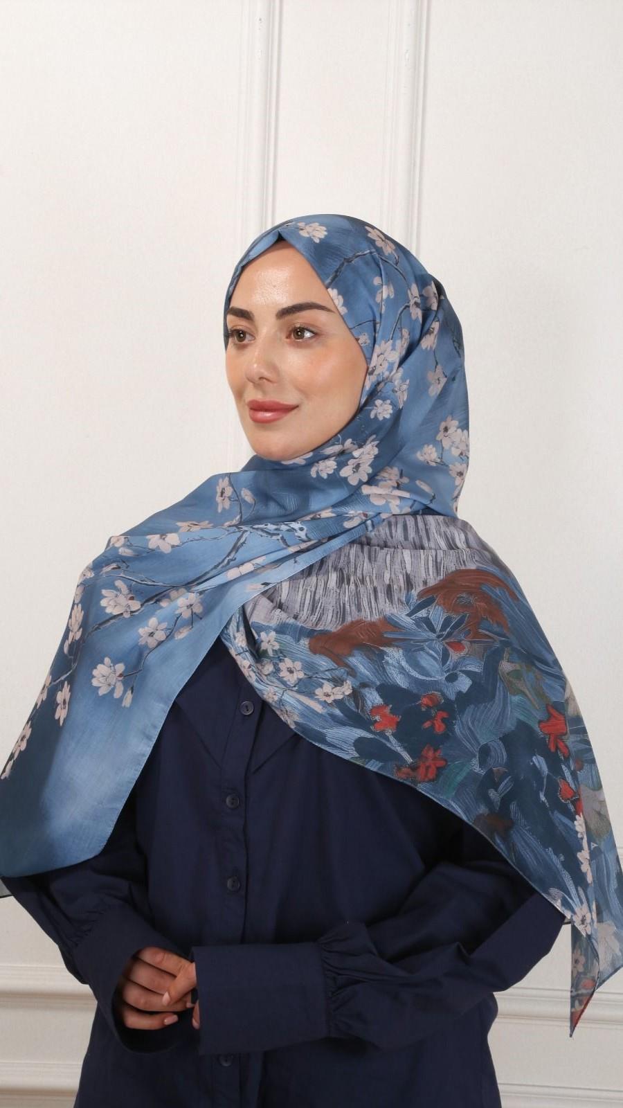 Desenli Pamuk Vual Şal Mavi-3