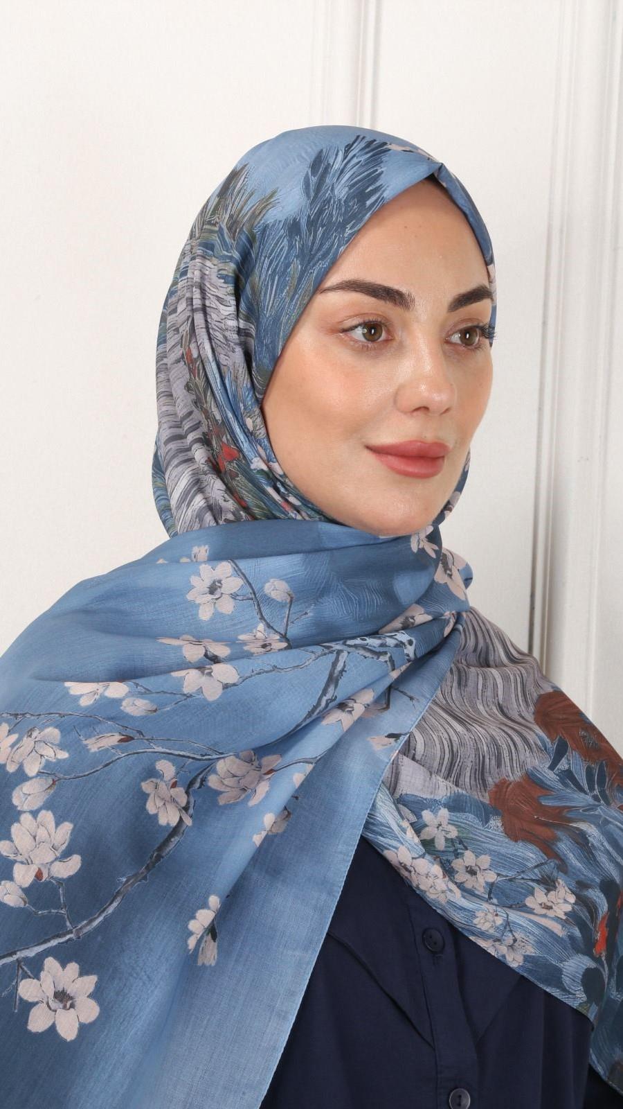 Desenli Pamuk Vual Şal Mavi-3