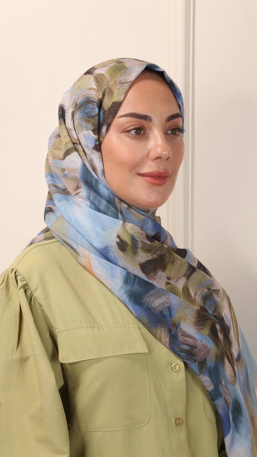 Desenli Pamuk Vual Şal Mavi-3