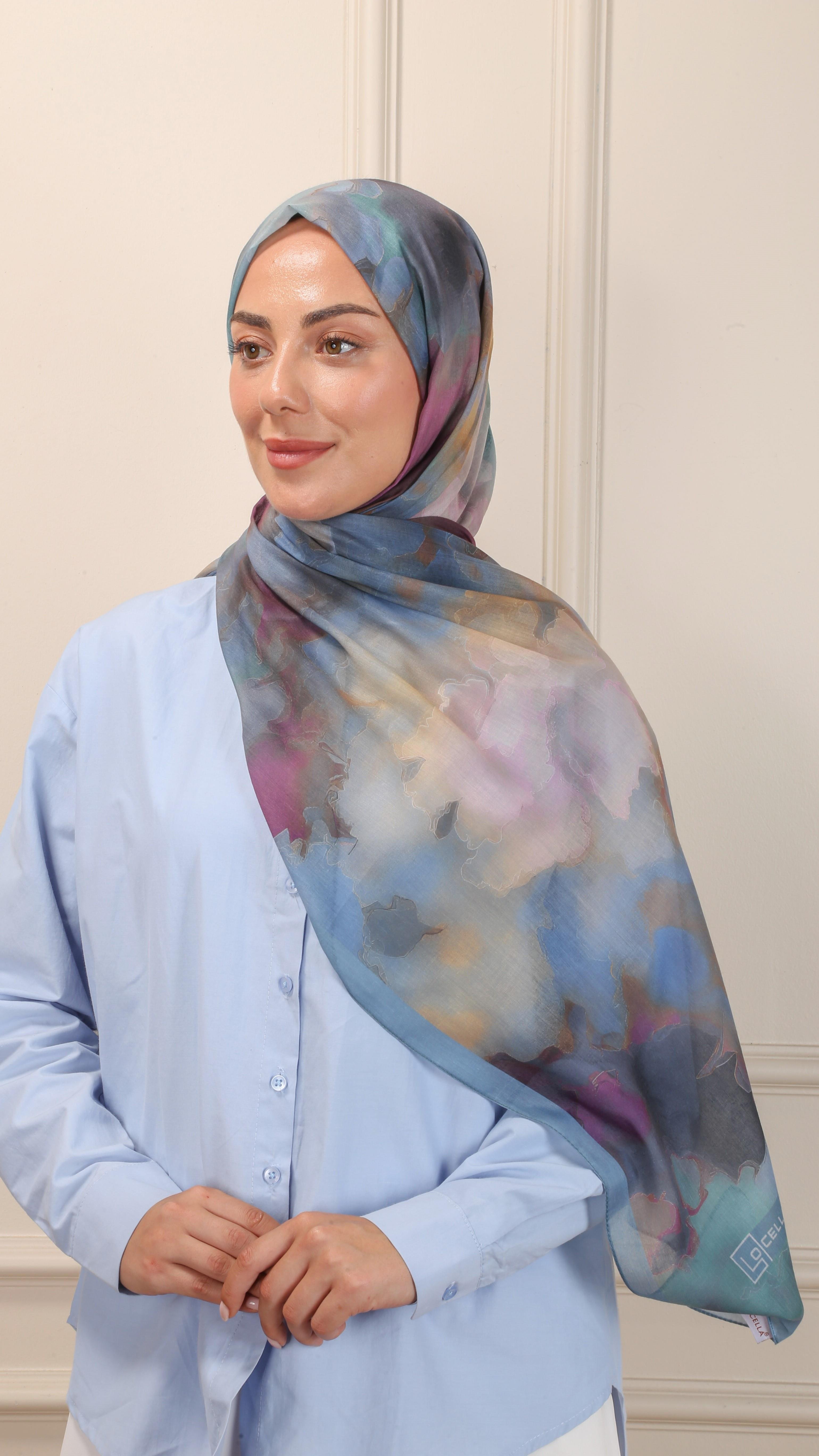 Desenli Pamuk Vual Şal Mavi-7